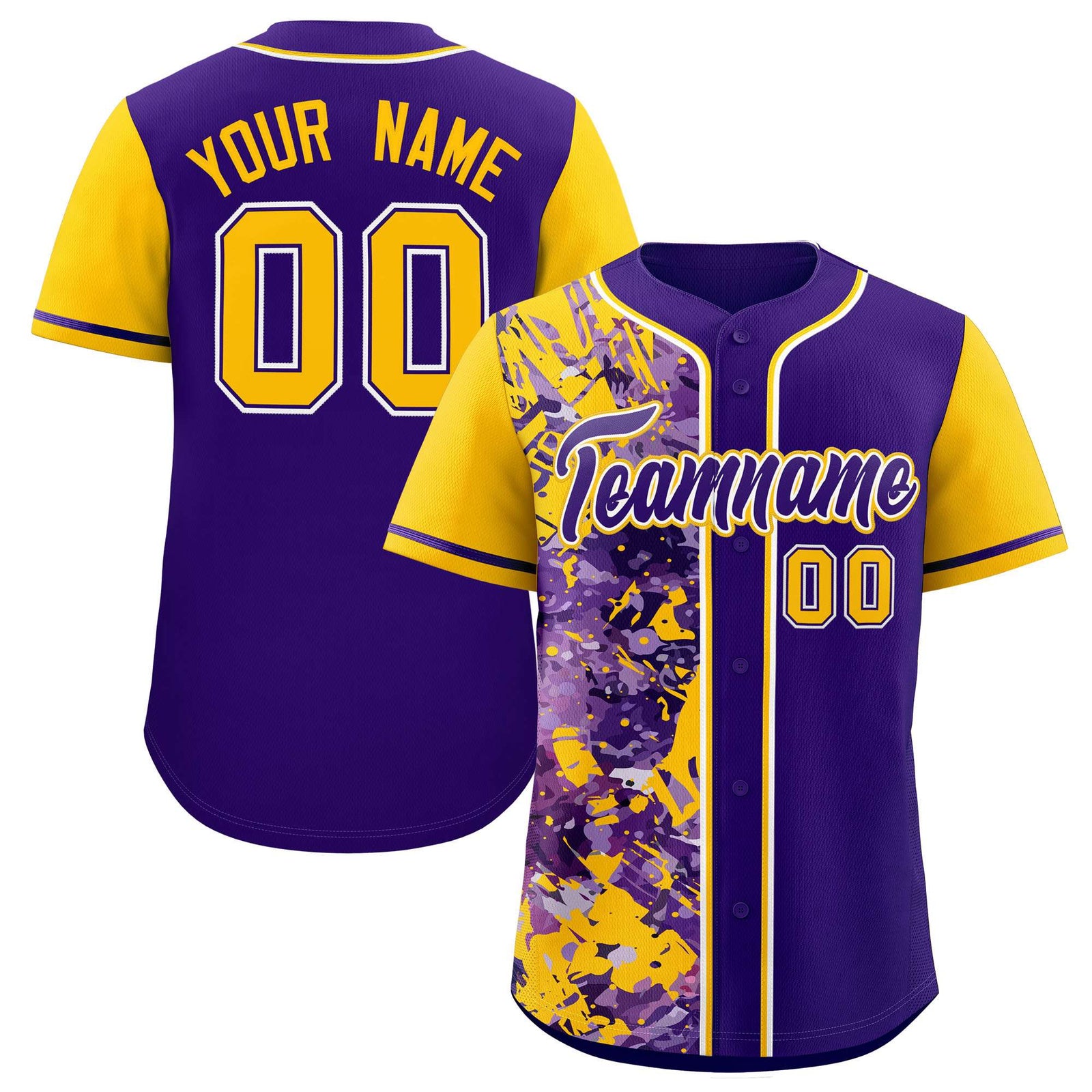 Custom Purple Yellow Split Personalized Graffiti Raglan Sleeve Authentic Baseball Jersey