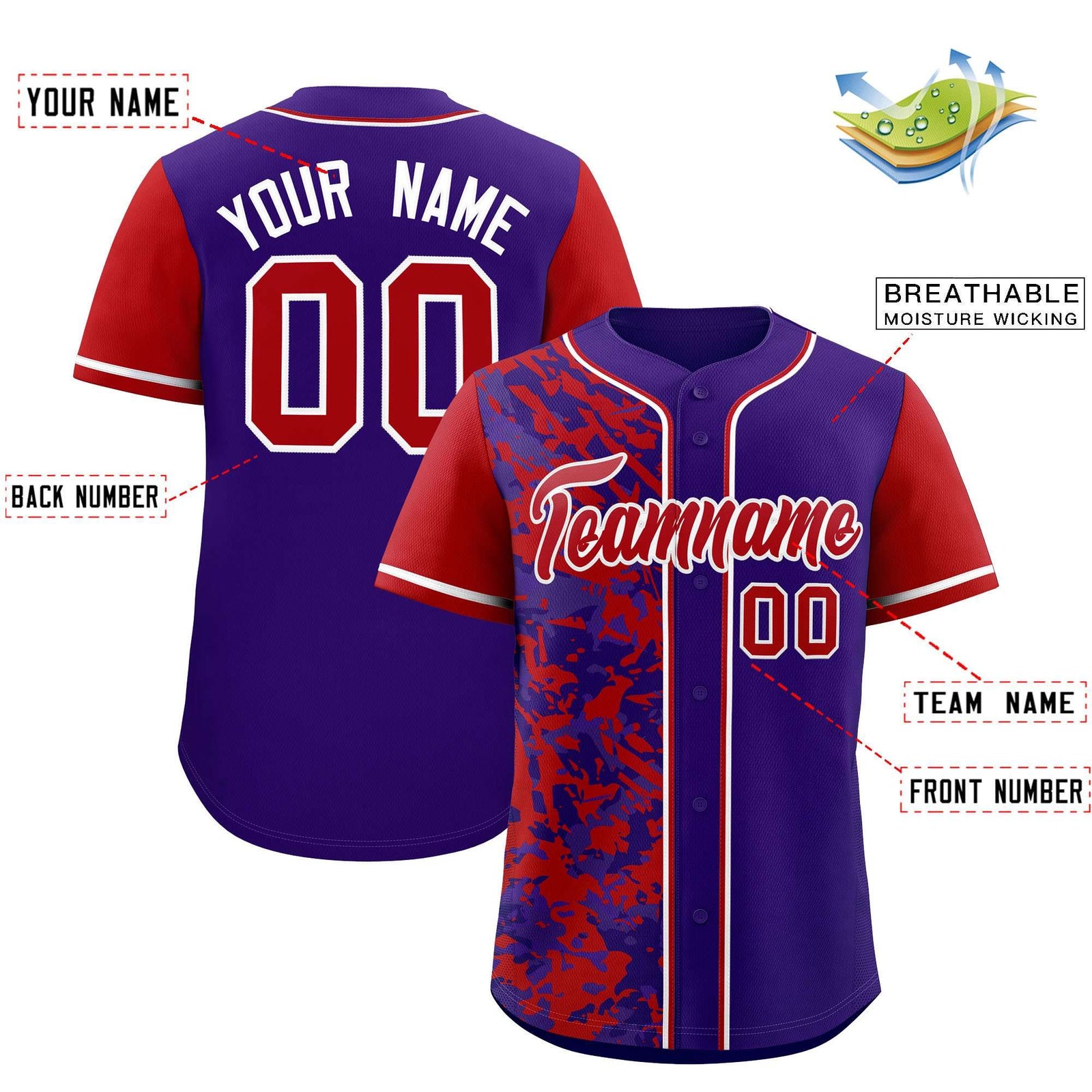 Custom Purple Red Split Personalized Graffiti Raglan Sleeve Authentic Baseball Jersey