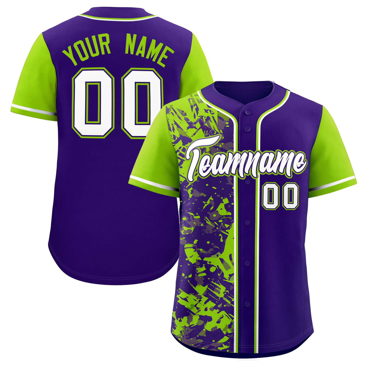 Custom Purple Neon Green Split Personalized Graffiti Raglan Sleeve Authentic Baseball Jersey