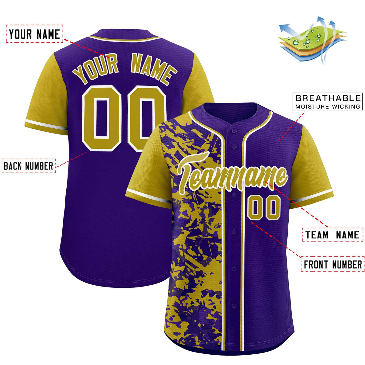 Custom Purple Old Gold Split Personalized Graffiti Raglan Sleeve Authentic Baseball Jersey