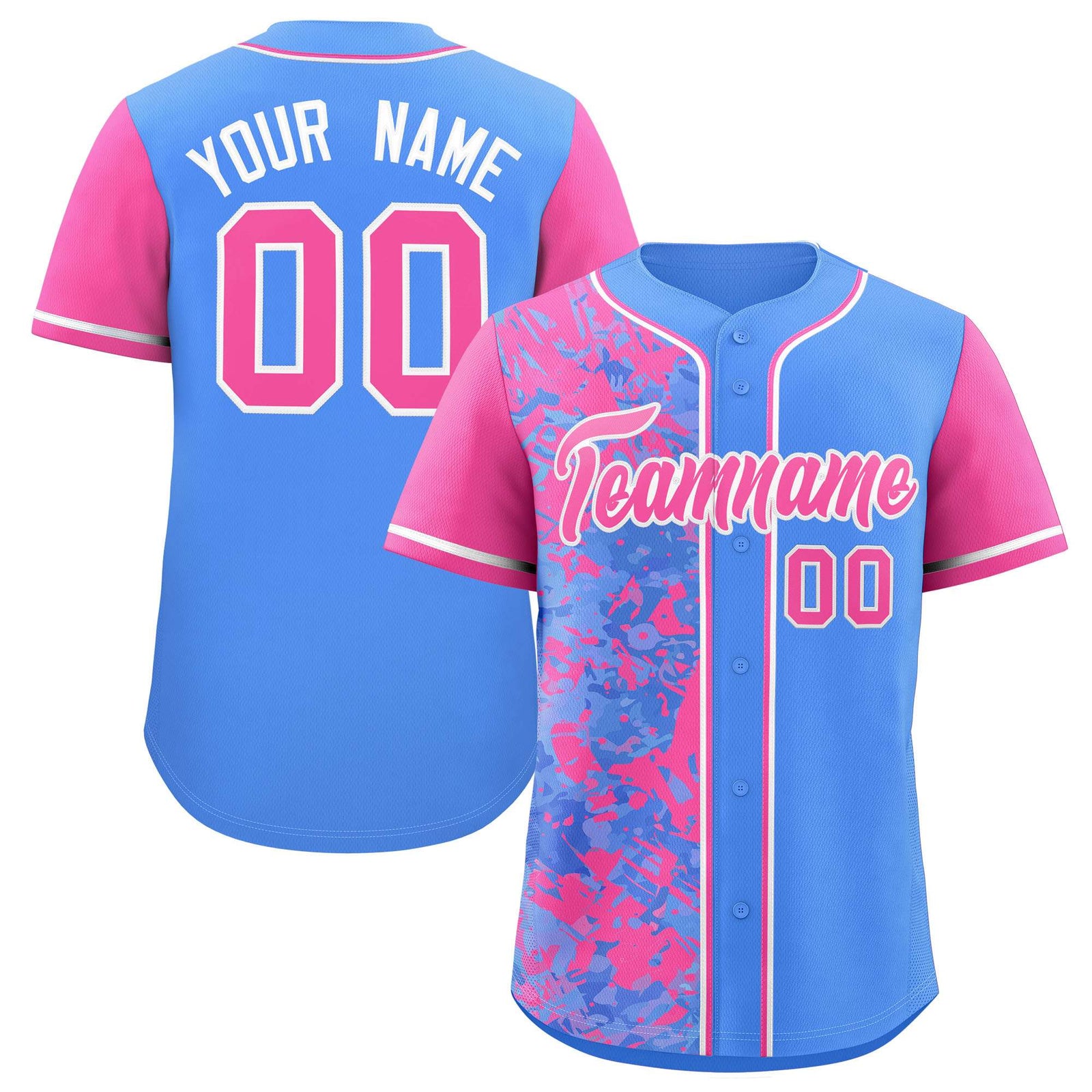 Custom Blue Pink Split Personalized Graffiti Raglan Sleeve Authentic Baseball Jersey