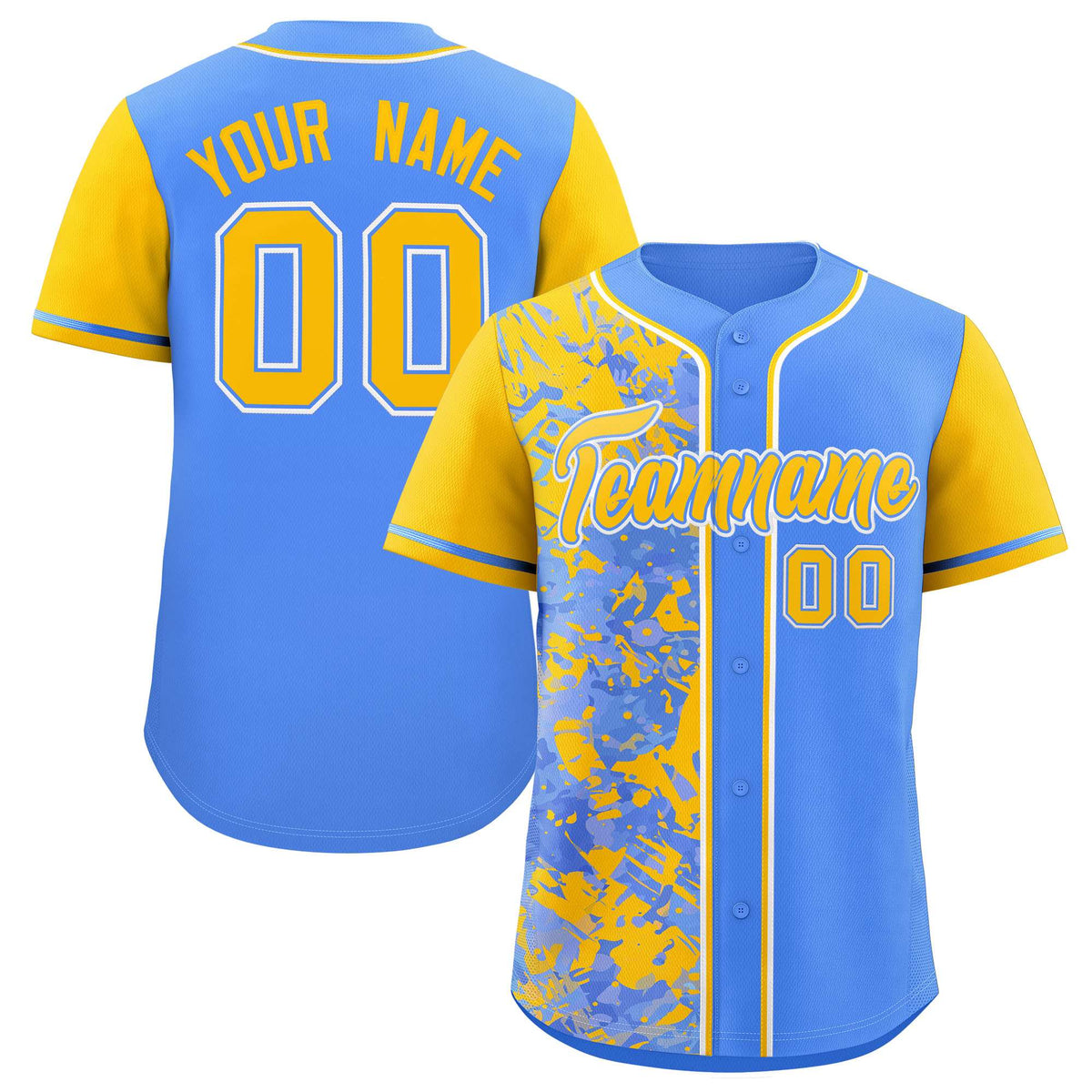 Custom Blue Yellow Split Personalized Graffiti Raglan Sleeve Authentic Baseball Jersey