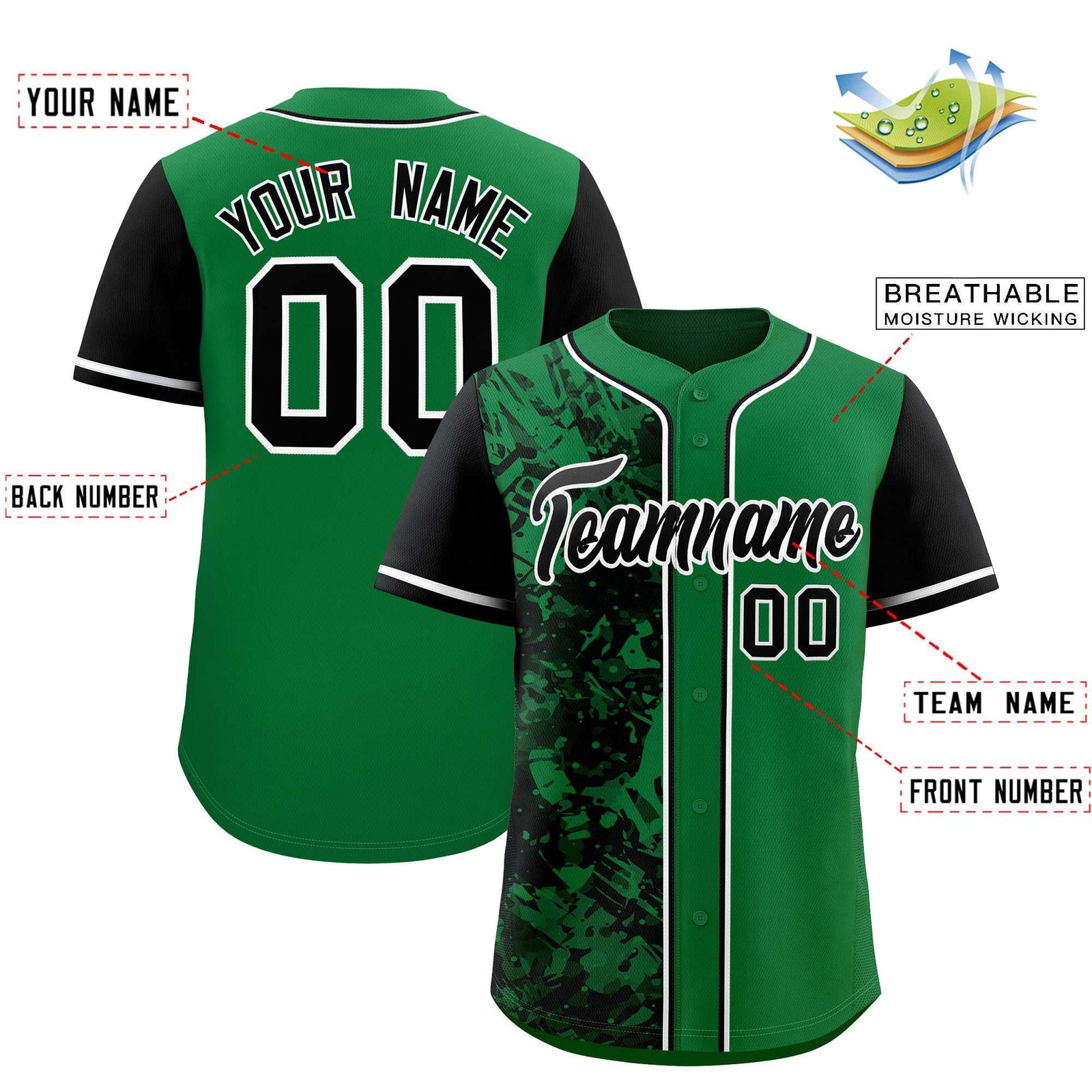 Custom Green Black Split Personalized Graffiti Raglan Sleeve Authentic Baseball Jersey