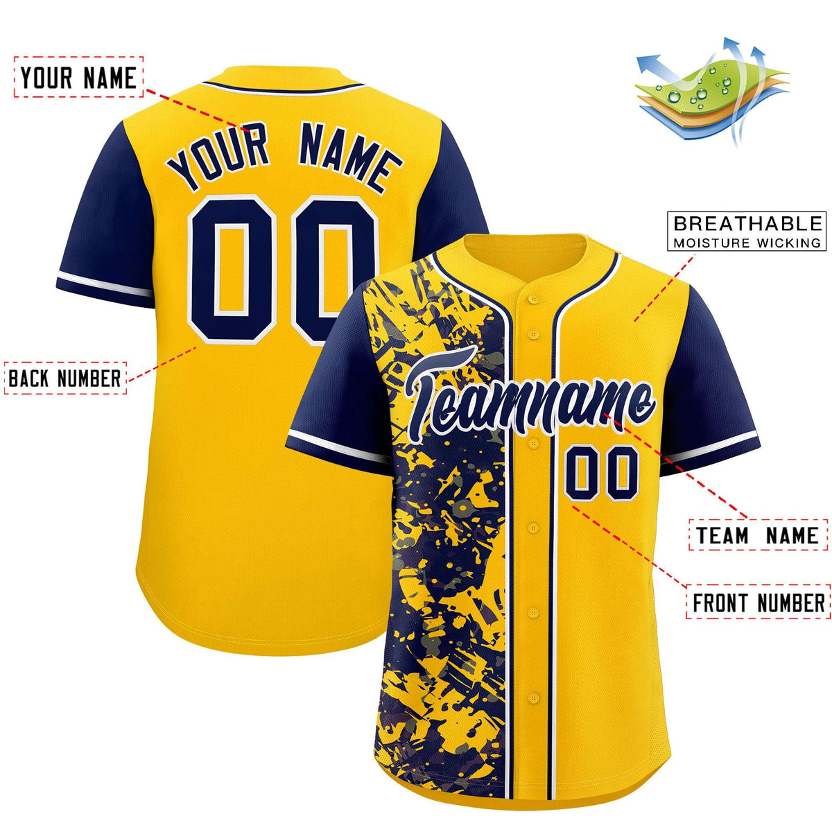Custom Yellow Navy Split Personalized Graffiti Raglan Sleeve Authentic Baseball Jersey