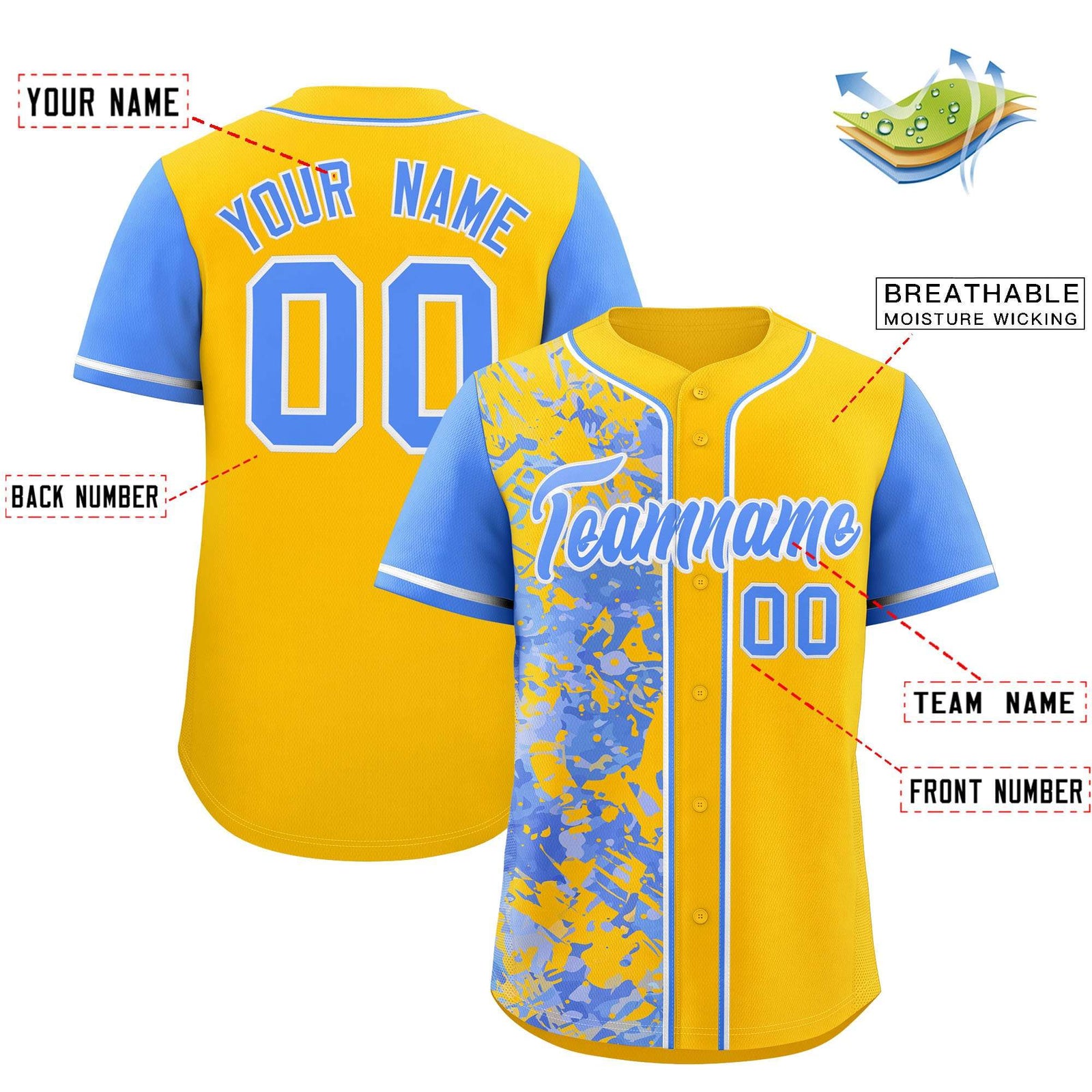 Custom Yellow Powder Blue Split Personalized Graffiti Raglan Sleeve Authentic Baseball Jersey