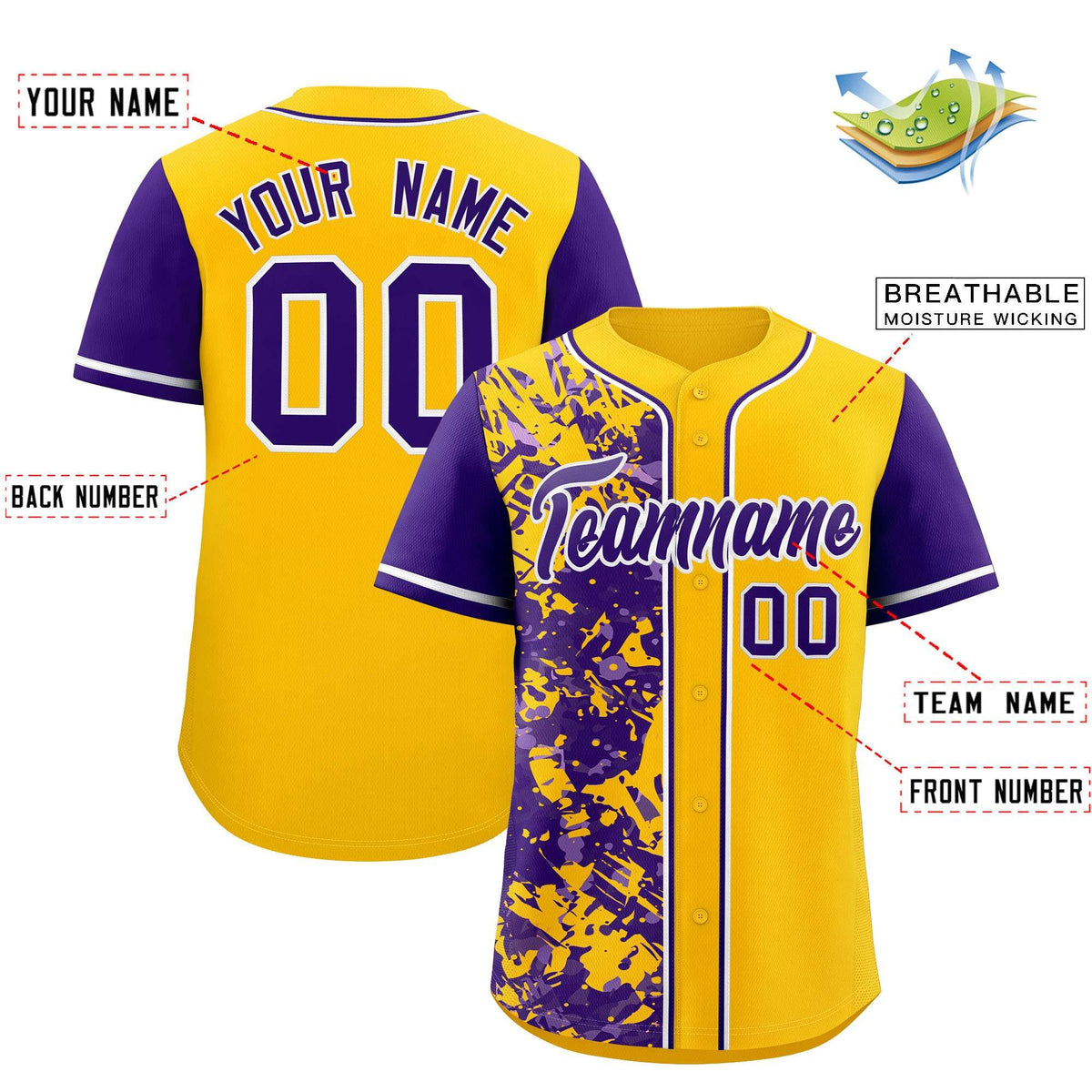 Custom Yellow Purple Split Personalized Graffiti Raglan Sleeve Authentic Baseball Jersey