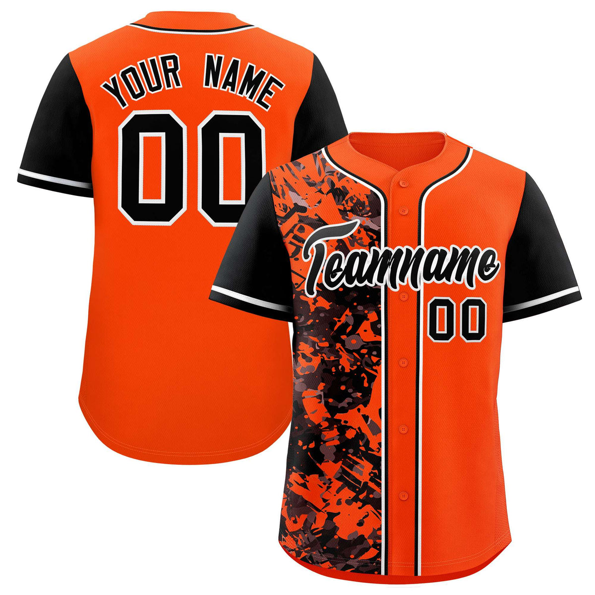 Custom Orange Black Split Personalized Graffiti Raglan Sleeve Authentic Baseball Jersey