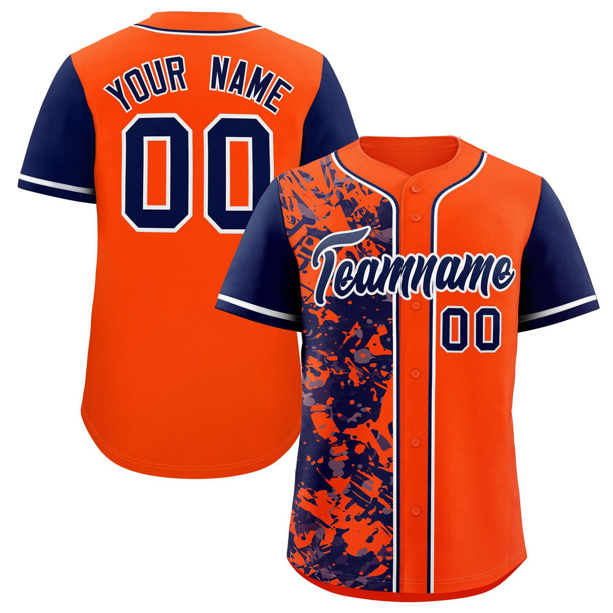 Custom Orange Navy Split Personalized Graffiti Raglan Sleeve Authentic Baseball Jersey