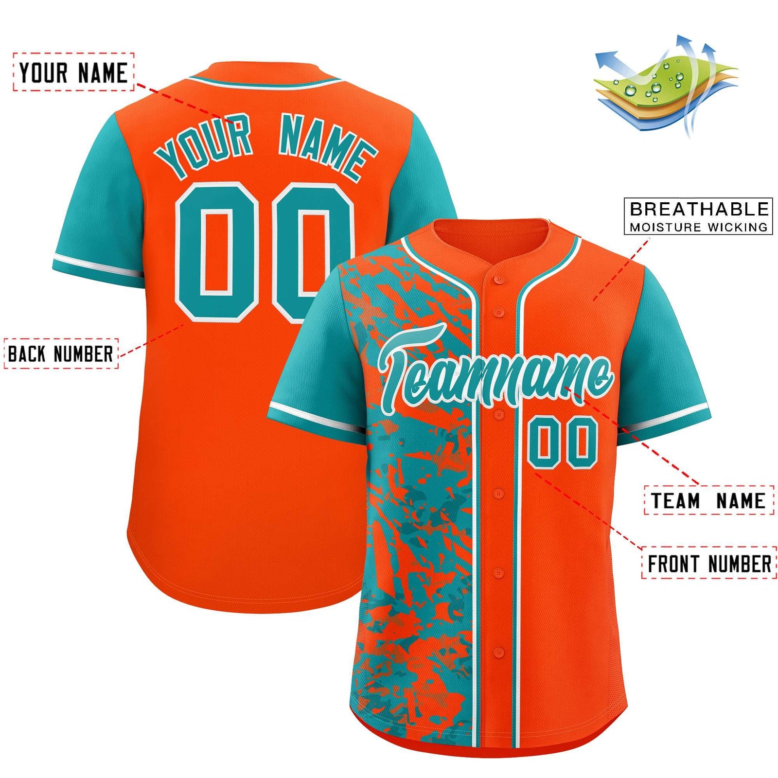 Custom Orange Aqua Split Personalized Graffiti Raglan Sleeve Authentic Baseball Jersey