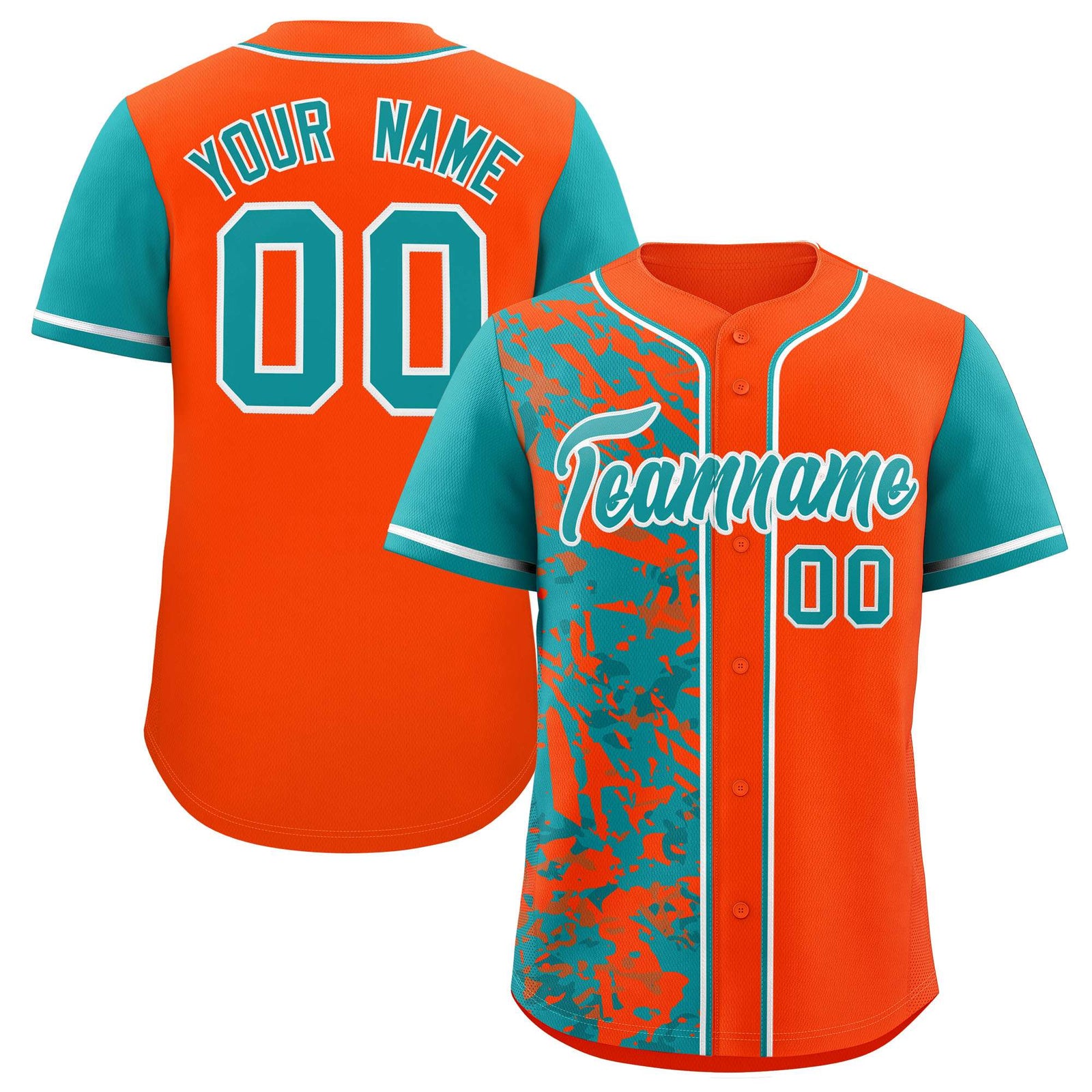 Custom Orange Aqua Split Personalized Graffiti Raglan Sleeve Authentic Baseball Jersey