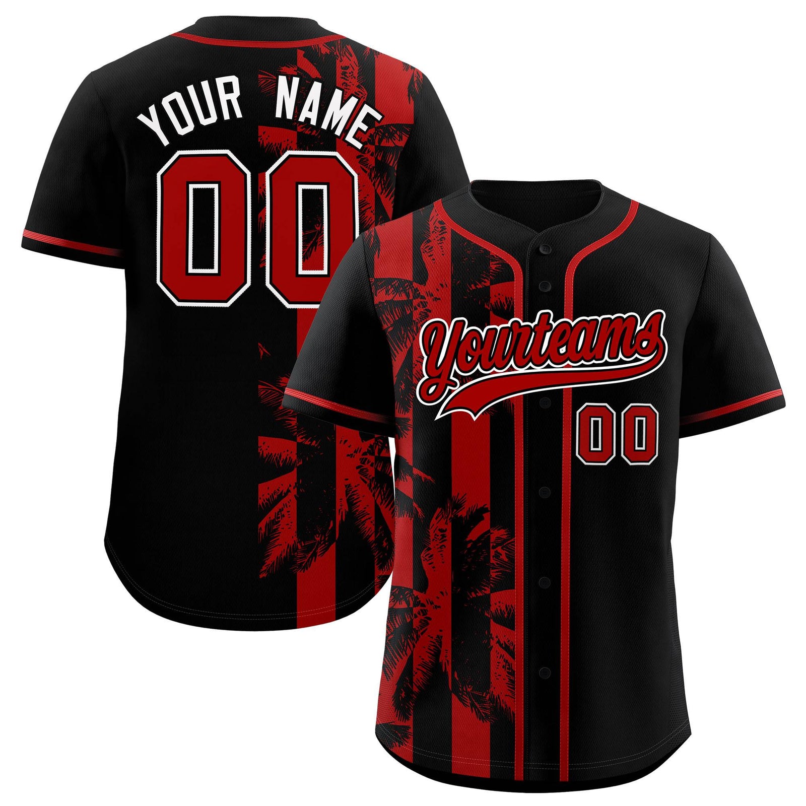 Custom Black Red Split Fashion Coconut Tree Design Authentic Baseball Jersey