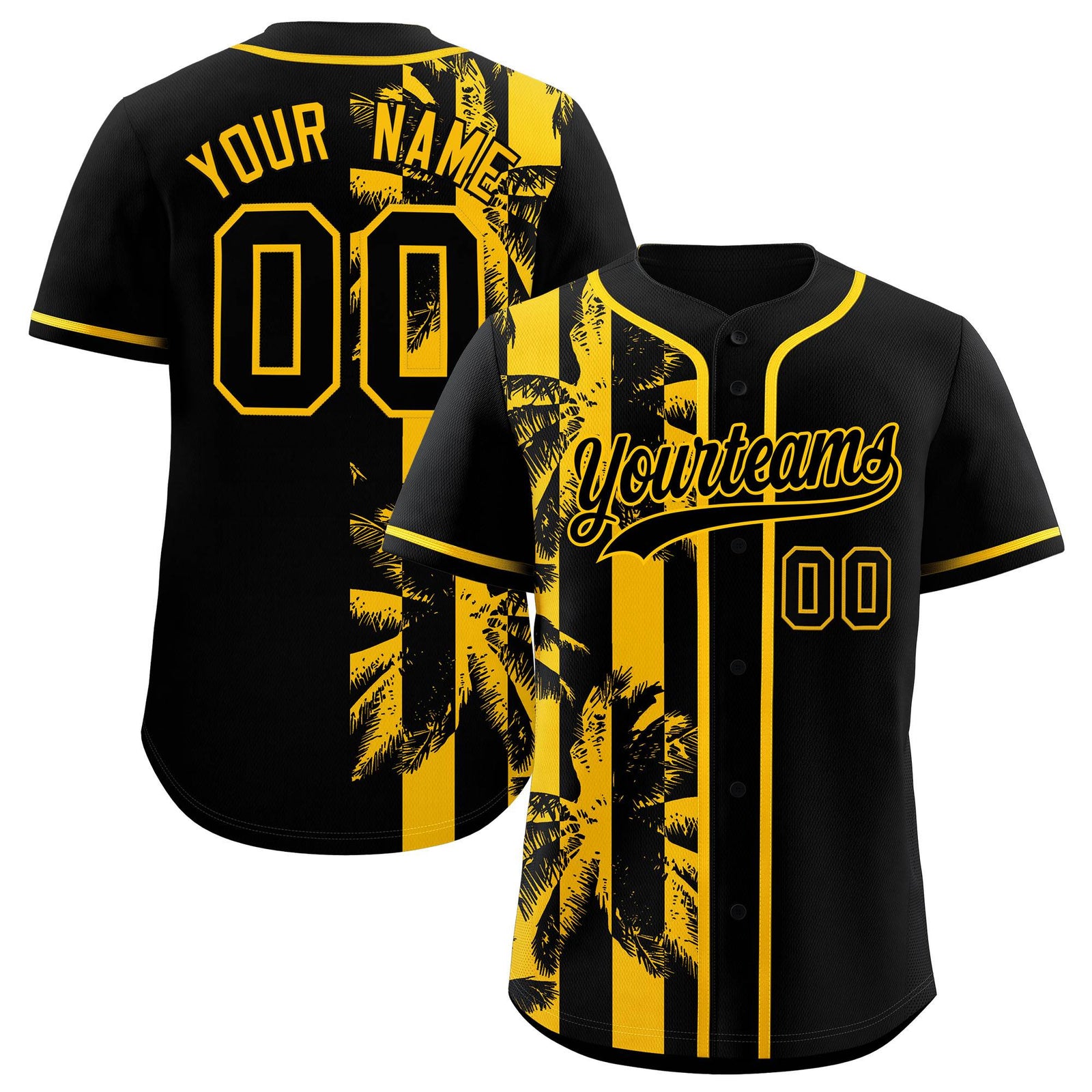 Custom Black Yellow Split Fashion Coconut Tree Design Authentic Baseball Jersey