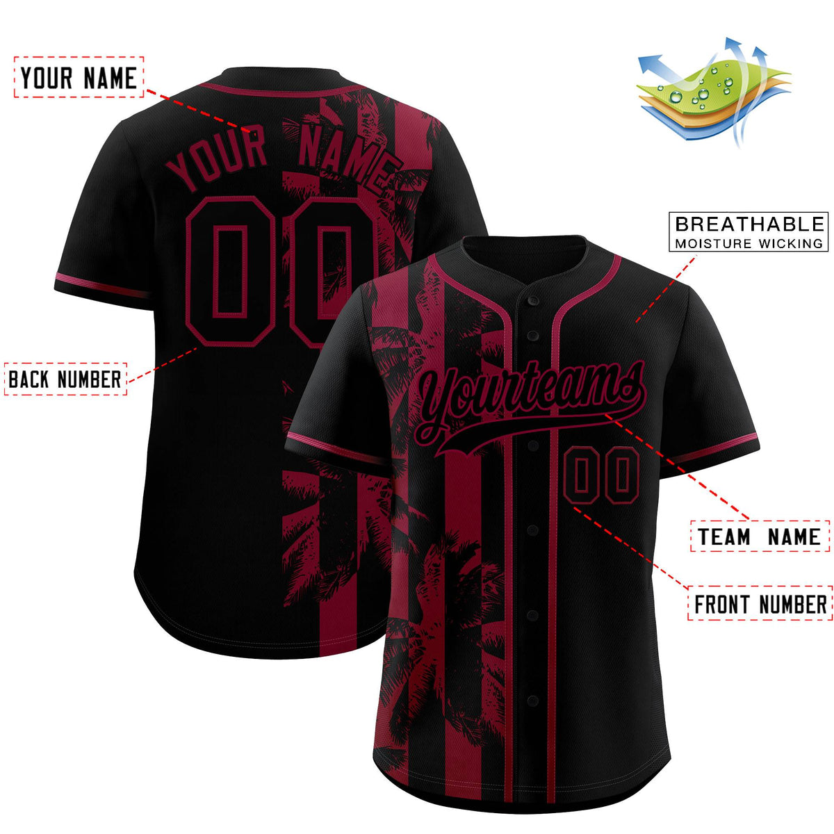 Custom Black Crimson Split Fashion Coconut Tree Design Authentic Baseball Jersey