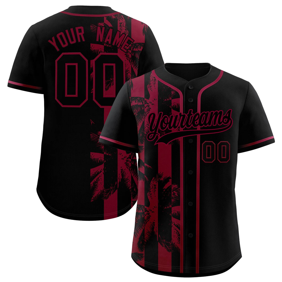 Custom Black Crimson Split Fashion Coconut Tree Design Authentic Baseball Jersey
