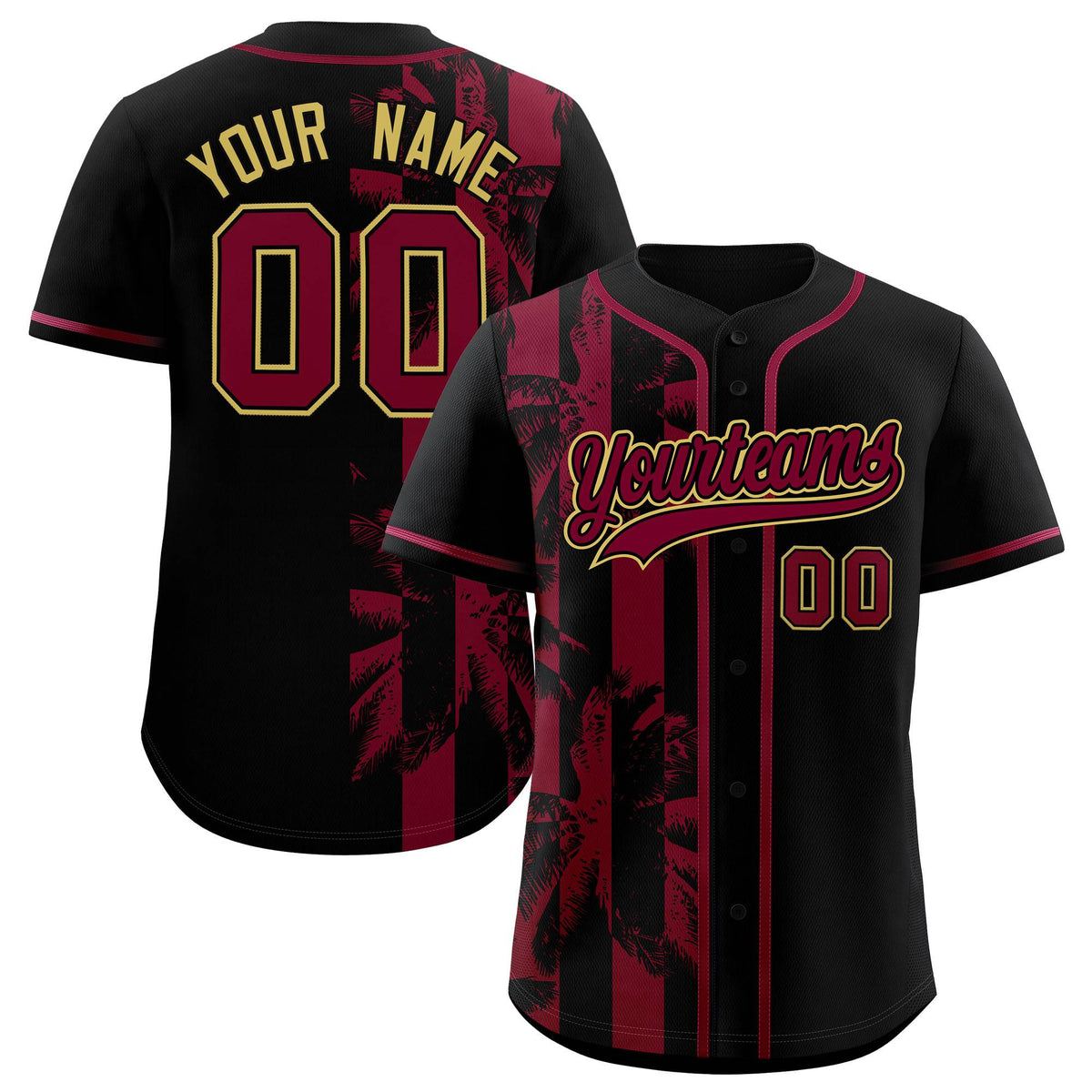 Custom Black Crimson Split Fashion Coconut Tree Design Authentic Baseball Jersey