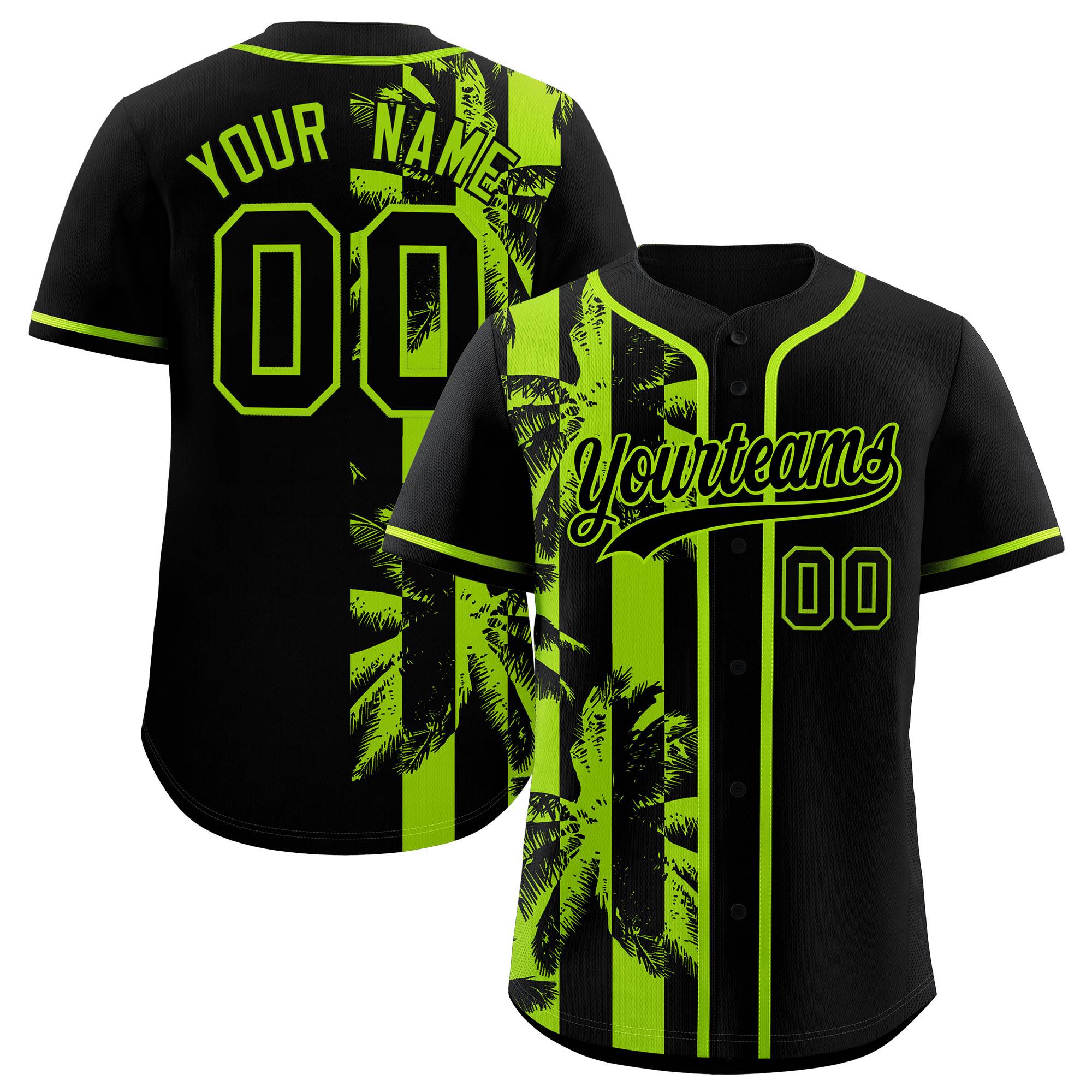 Custom Black Neon Green Split Fashion Coconut Tree Design Authentic Baseball Jersey
