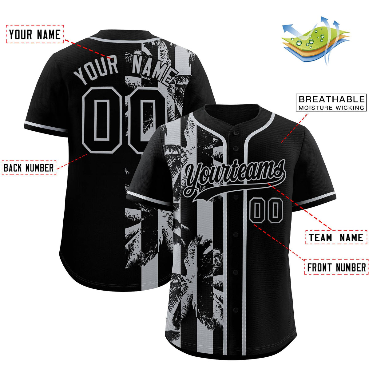 Custom Black Gray Split Fashion Coconut Tree Design Authentic Baseball Jersey
