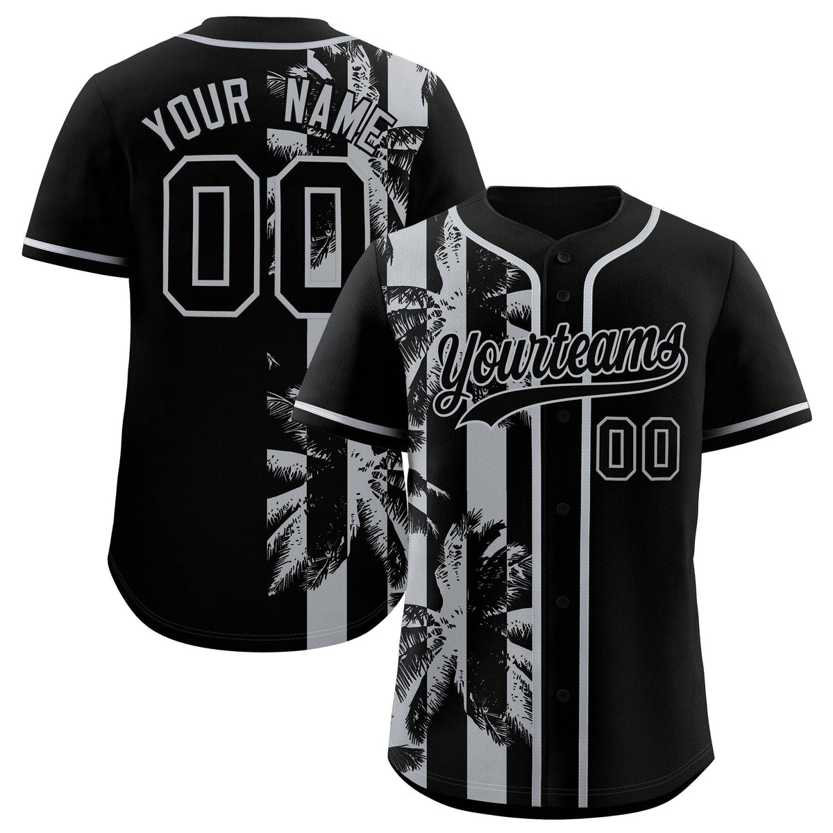 Custom Black Gray Split Fashion Coconut Tree Design Authentic Baseball Jersey