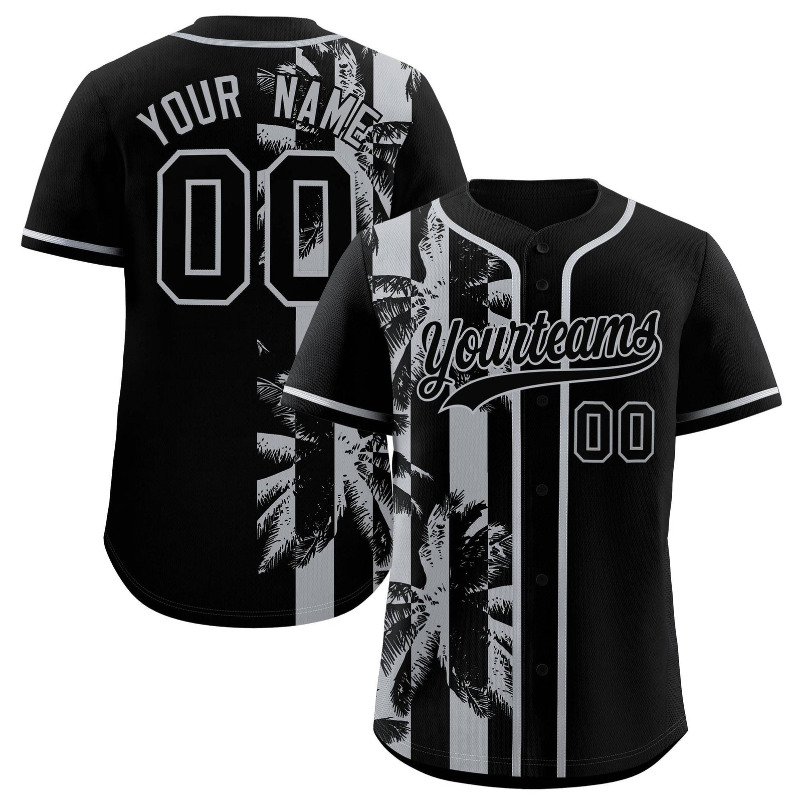 Custom Black Gray Split Fashion Coconut Tree Design Authentic Baseball Jersey