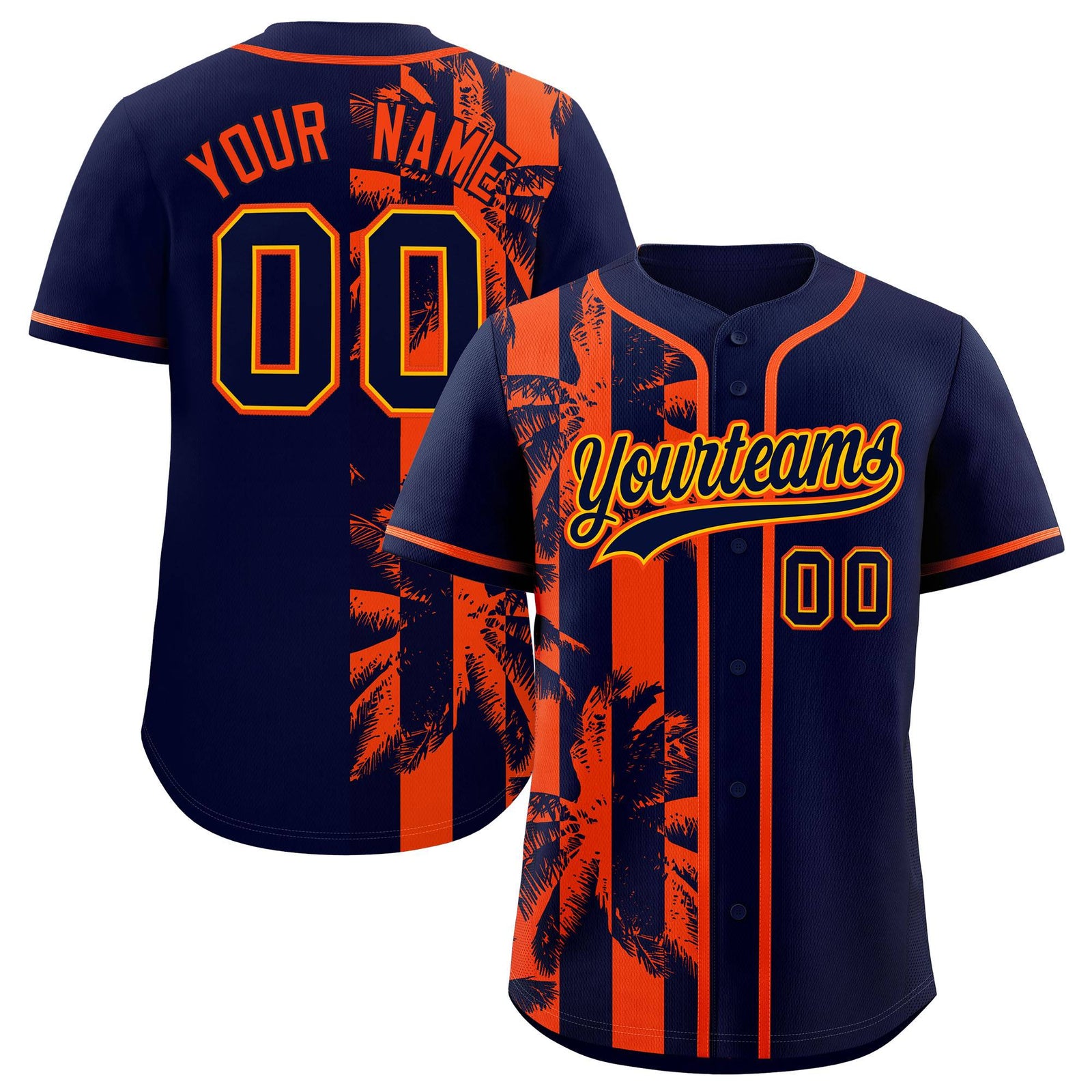 Custom Navy Orange Split Fashion Coconut Tree Design Authentic Baseball Jersey