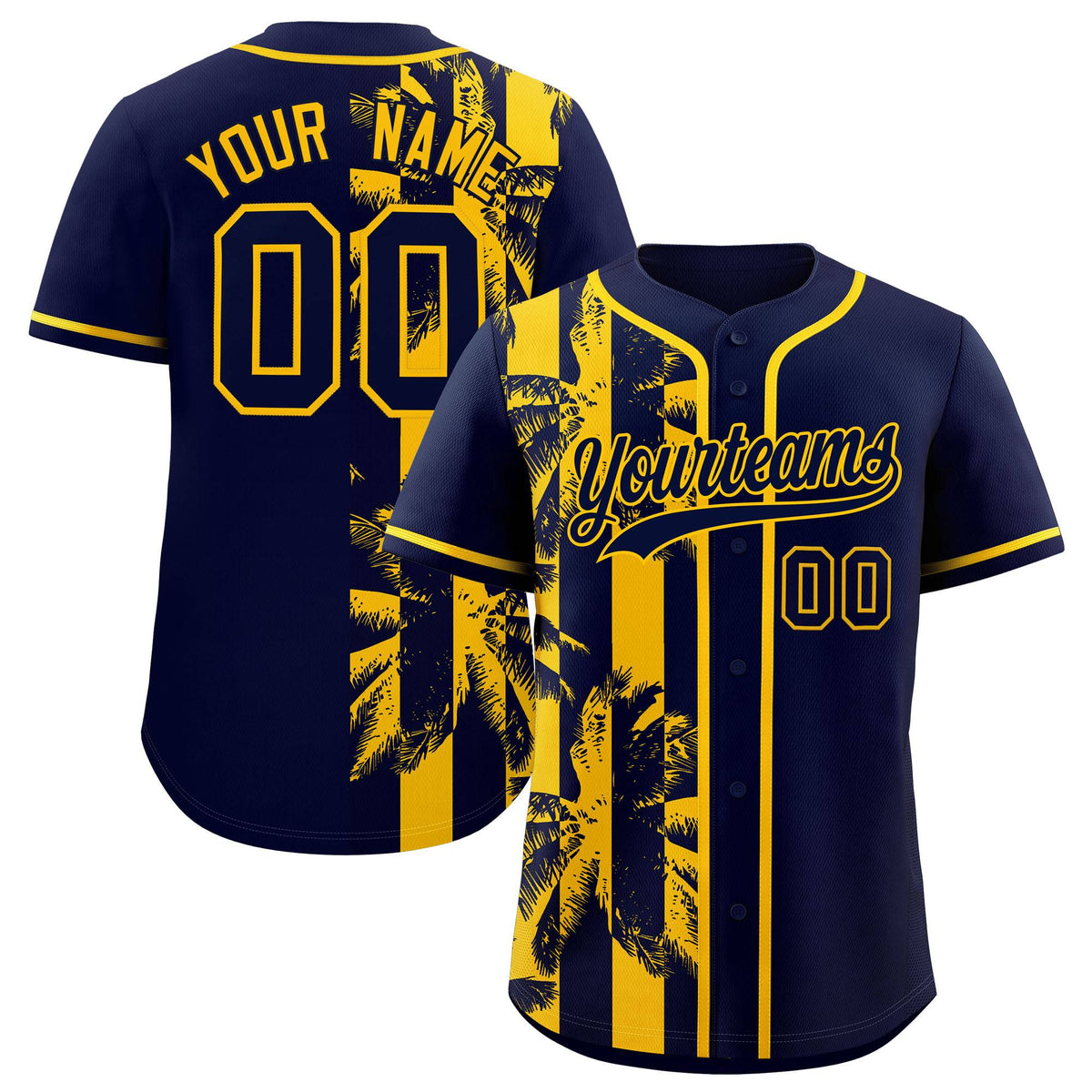 Custom Navy Yellow Split Fashion Coconut Tree Design Authentic Baseball Jersey