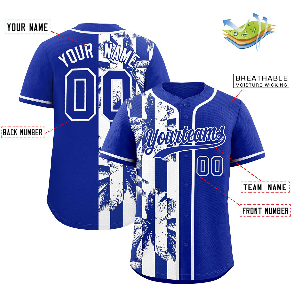 Custom Royal White Split Fashion Coconut Tree Design Authentic Baseball Jersey