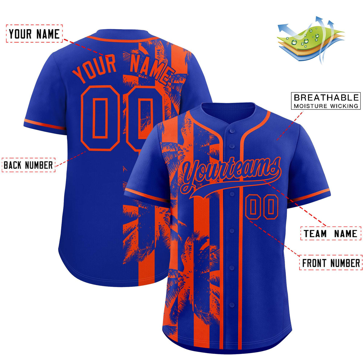 Custom Royal Orange Split Fashion Coconut Tree Design Authentic Baseball Jersey