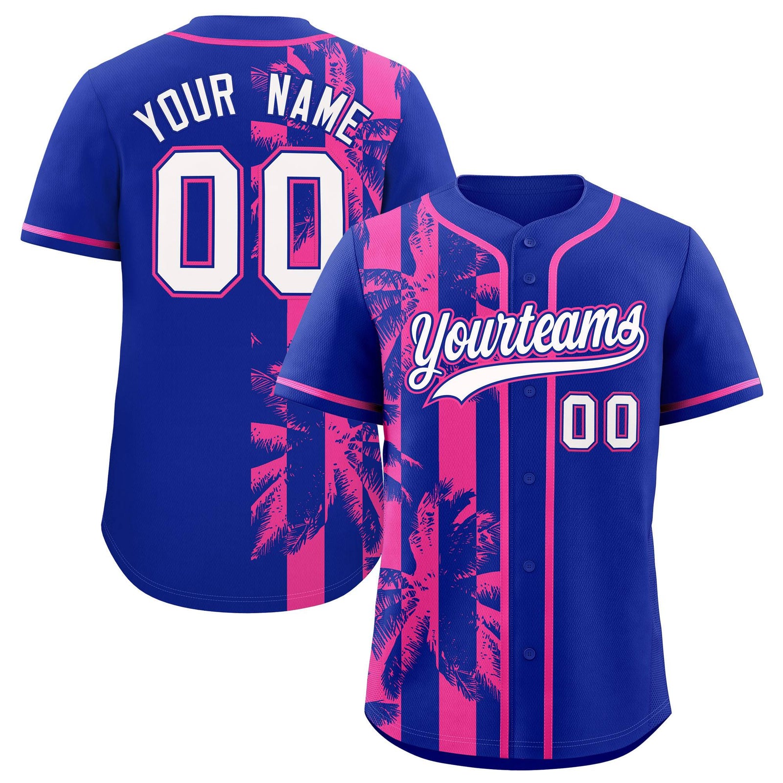 Custom Royal Pink Split Fashion Coconut Tree Design Authentic Baseball Jersey