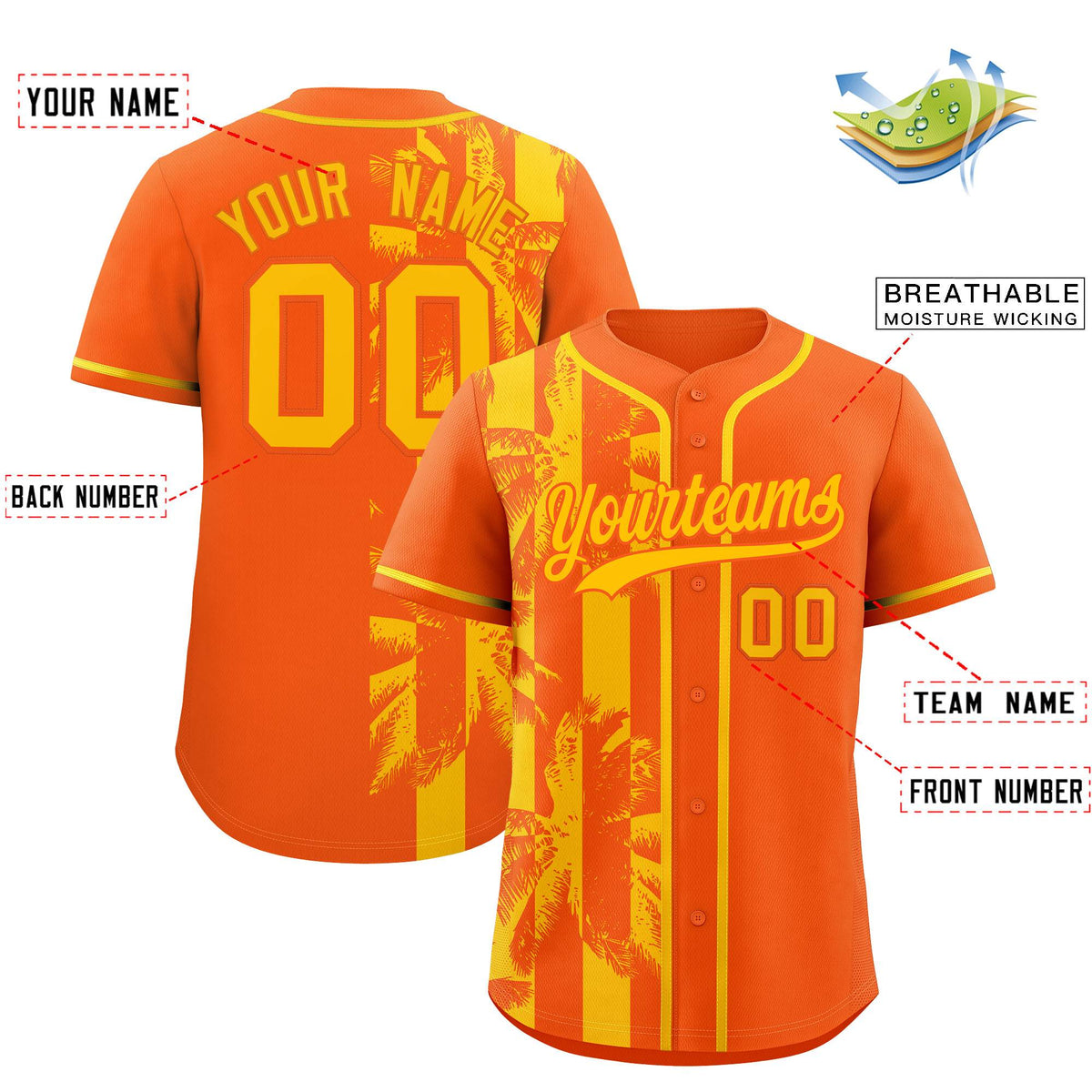 Custom Orange Yellow Split Fashion Coconut Tree Design Authentic Baseball Jersey