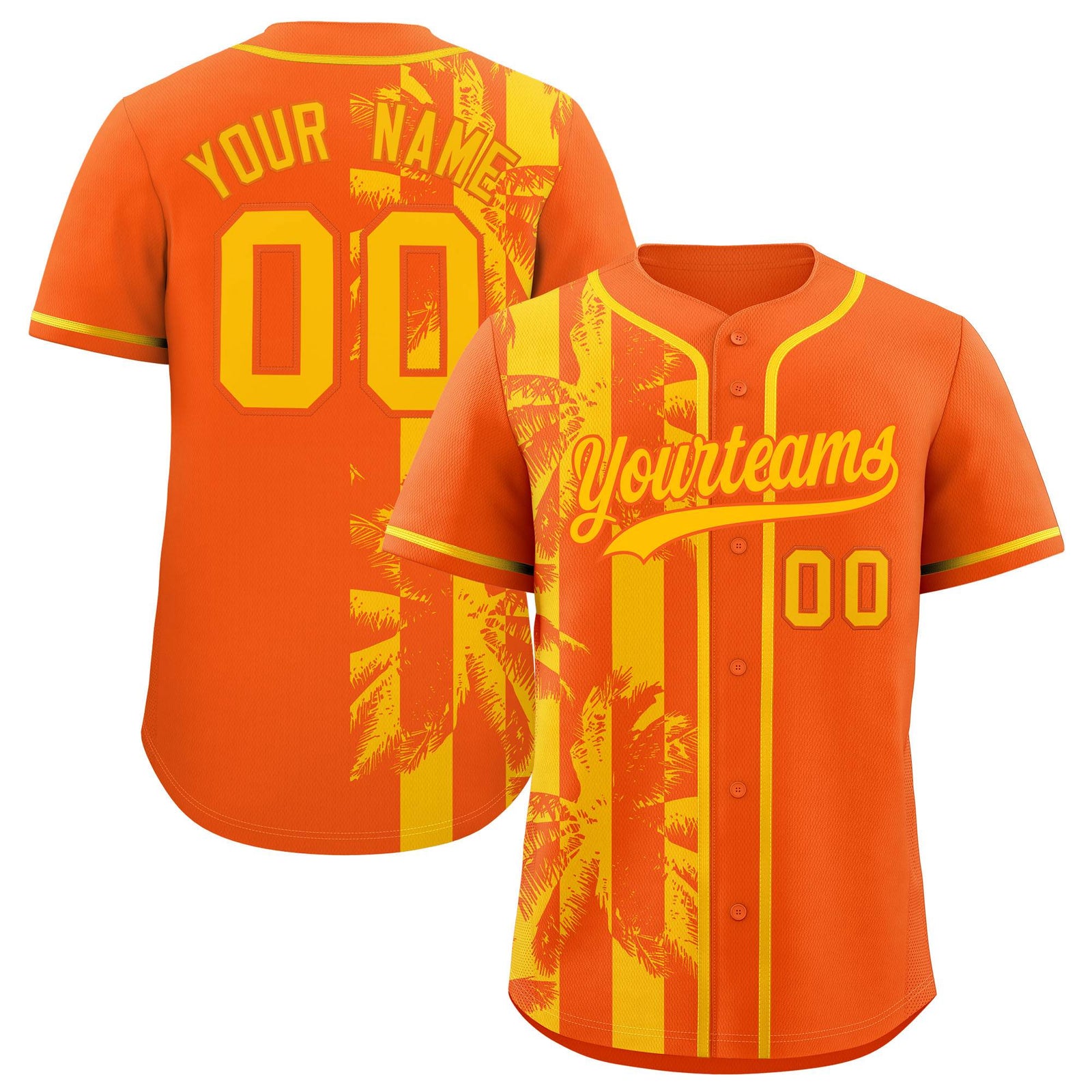 Custom Orange Yellow Split Fashion Coconut Tree Design Authentic Baseball Jersey