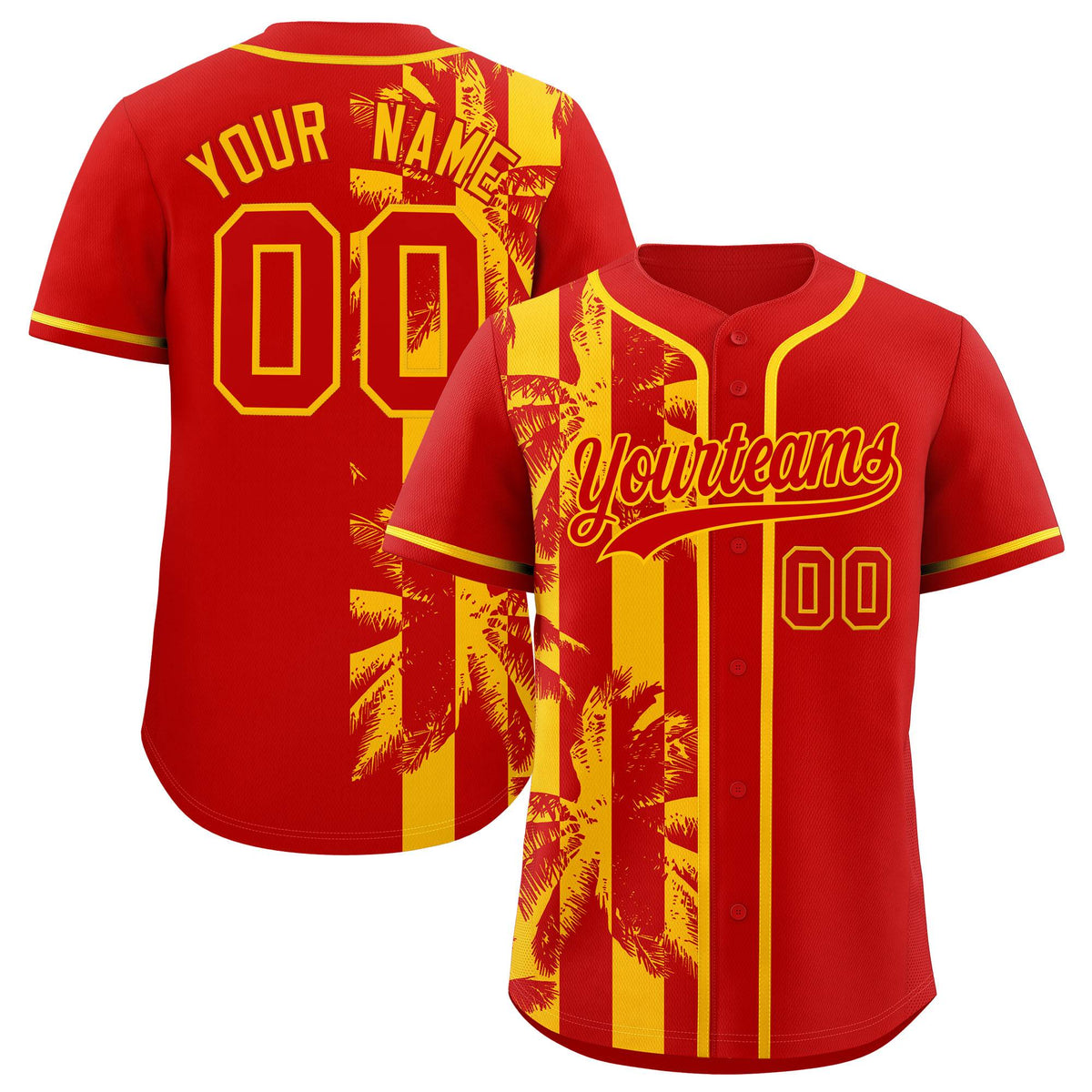 Custom Red Yellow Split Fashion Coconut Tree Design Authentic Baseball Jersey
