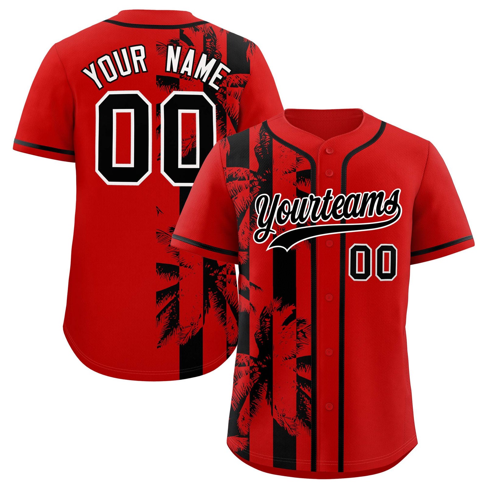 Custom Red Black Split Fashion Coconut Tree Design Authentic Baseball Jersey