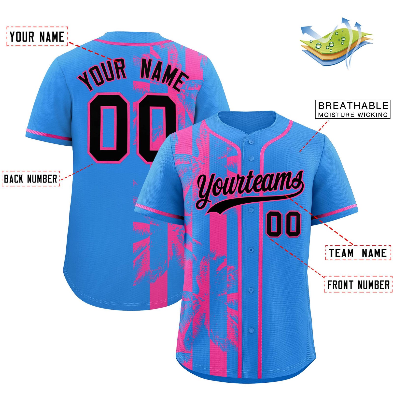 Custom Powder Blue Pink Split Fashion Coconut Tree Design Authentic Baseball Jersey