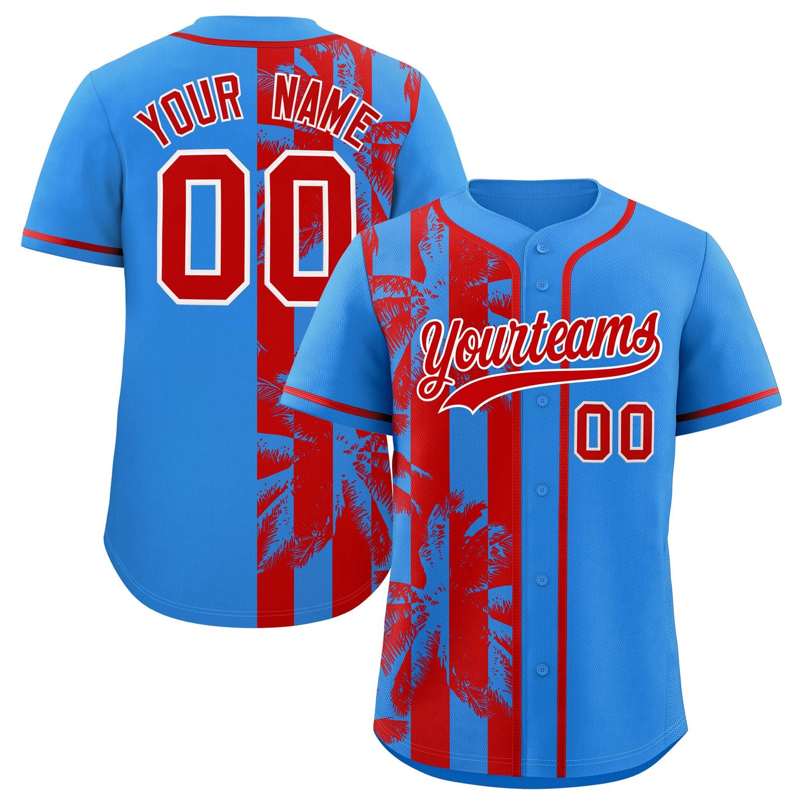 Custom Powder Blue Red Split Fashion Coconut Tree Design Authentic Baseball Jersey