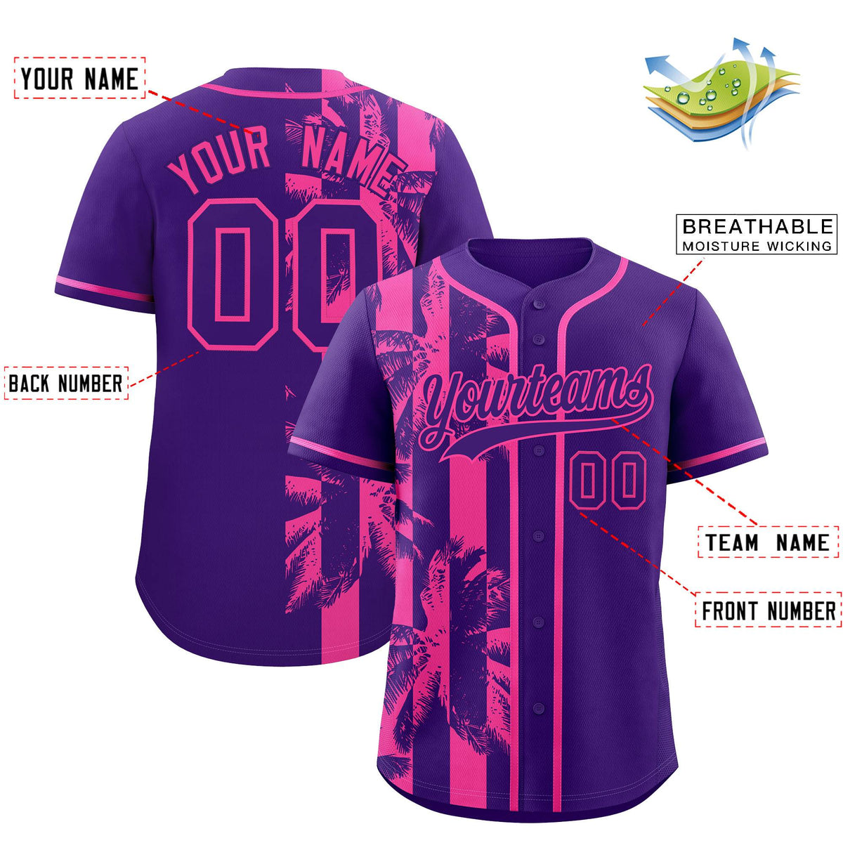 Custom Purple Pink Split Fashion Coconut Tree Design Authentic Baseball Jersey