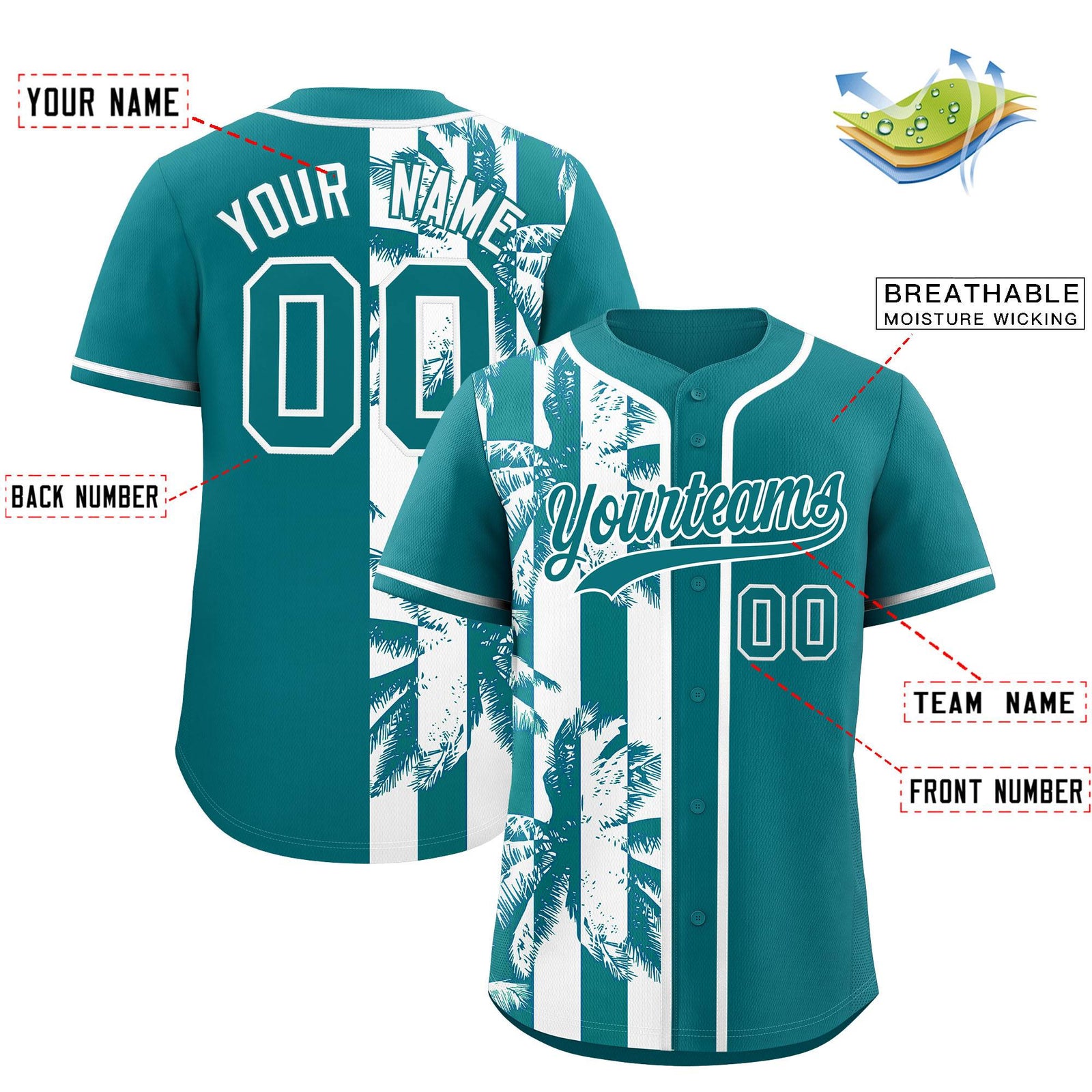Custom Aqua White Split Fashion Coconut Tree Design Authentic Baseball Jersey