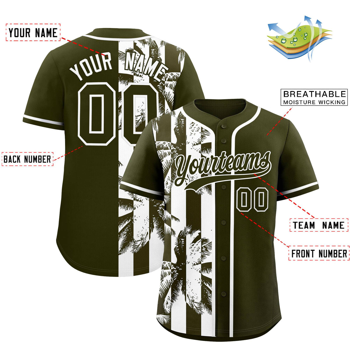 Custom Olive White Split Fashion Coconut Tree Design Authentic Baseball Jersey