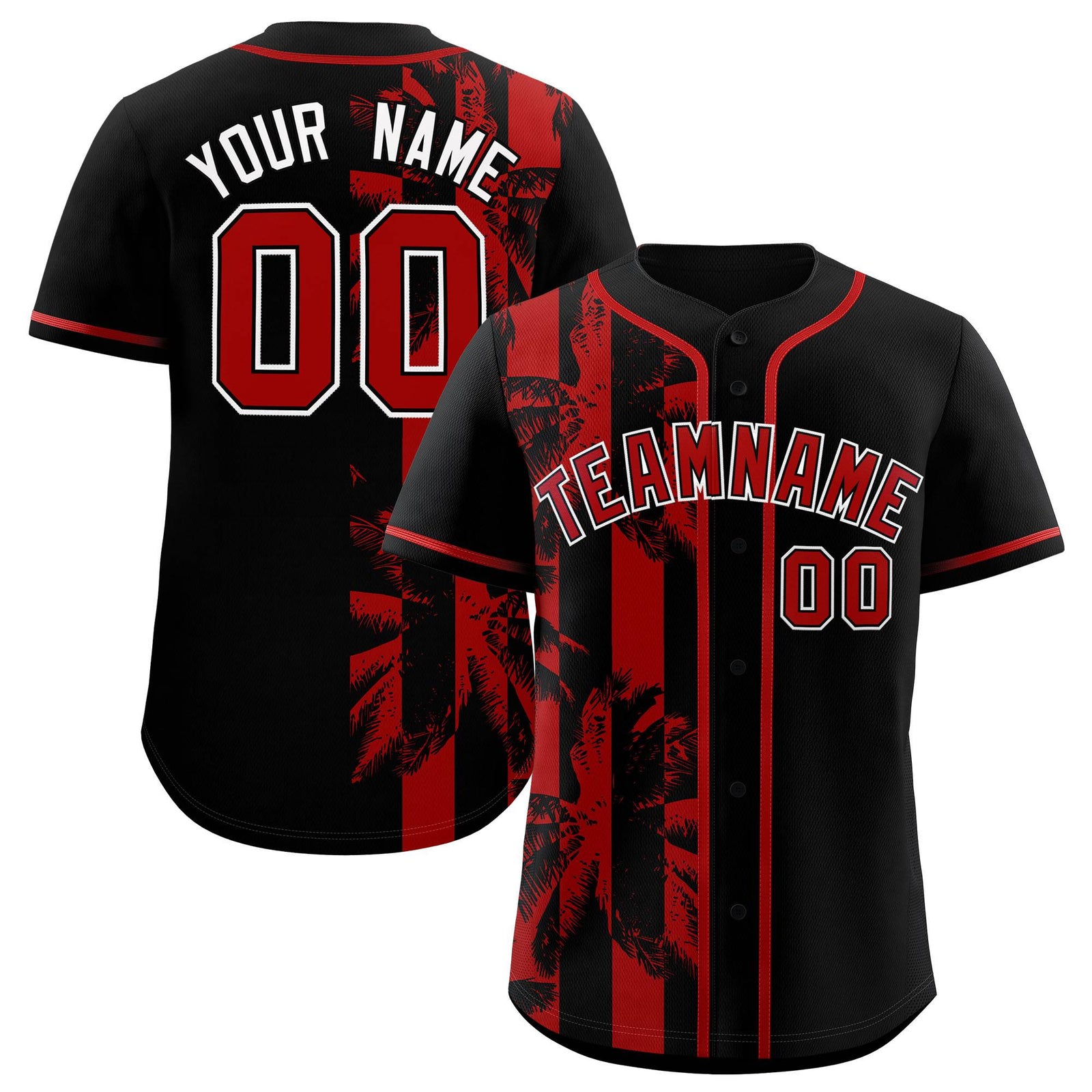Custom Black Red Split Fashion Coconut Tree Design Authentic Baseball Jersey