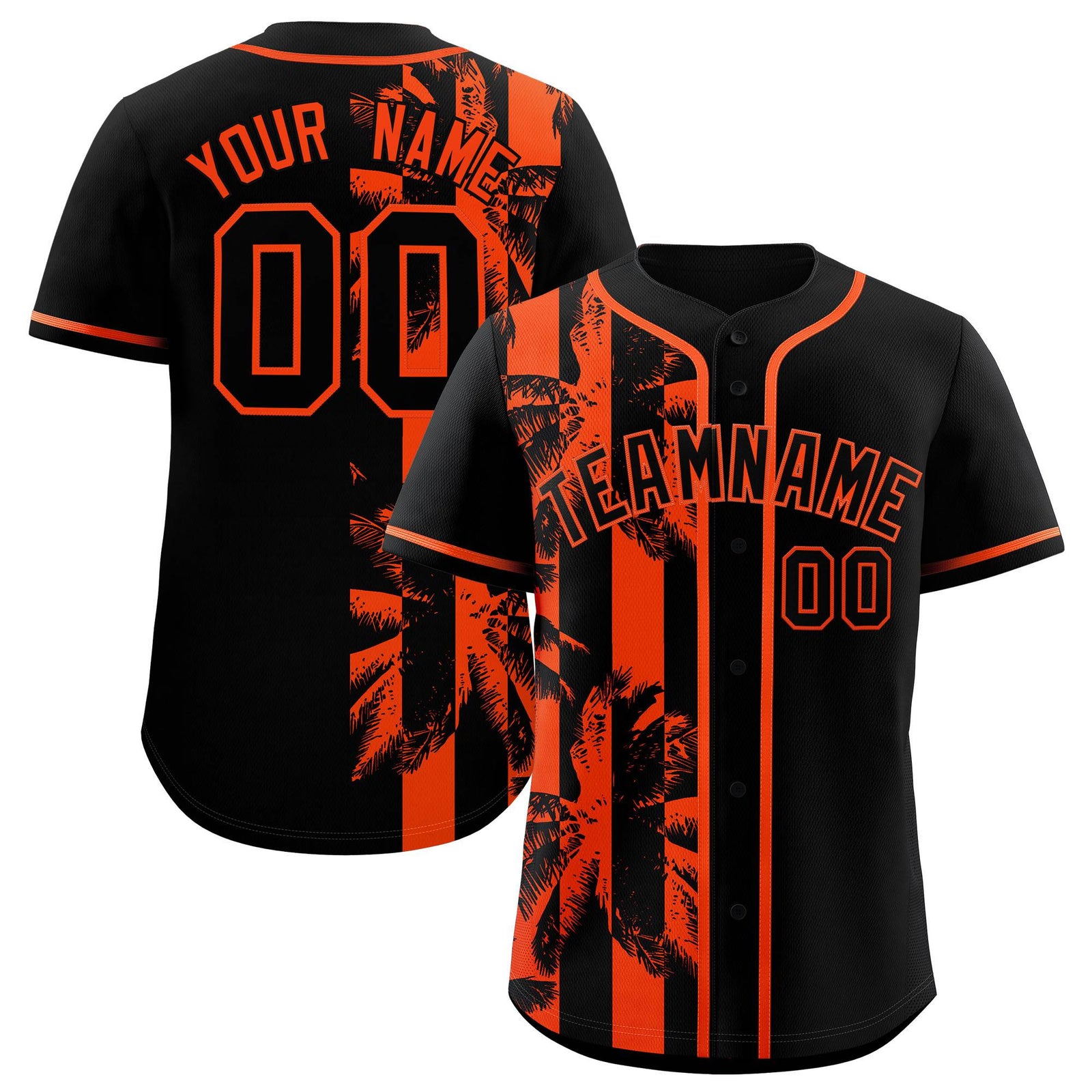 Custom Black Orange Split Fashion Coconut Tree Design Authentic Baseball Jersey