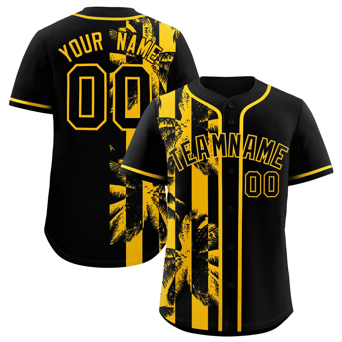 Custom Black Yellow Split Fashion Coconut Tree Design Authentic Baseball Jersey