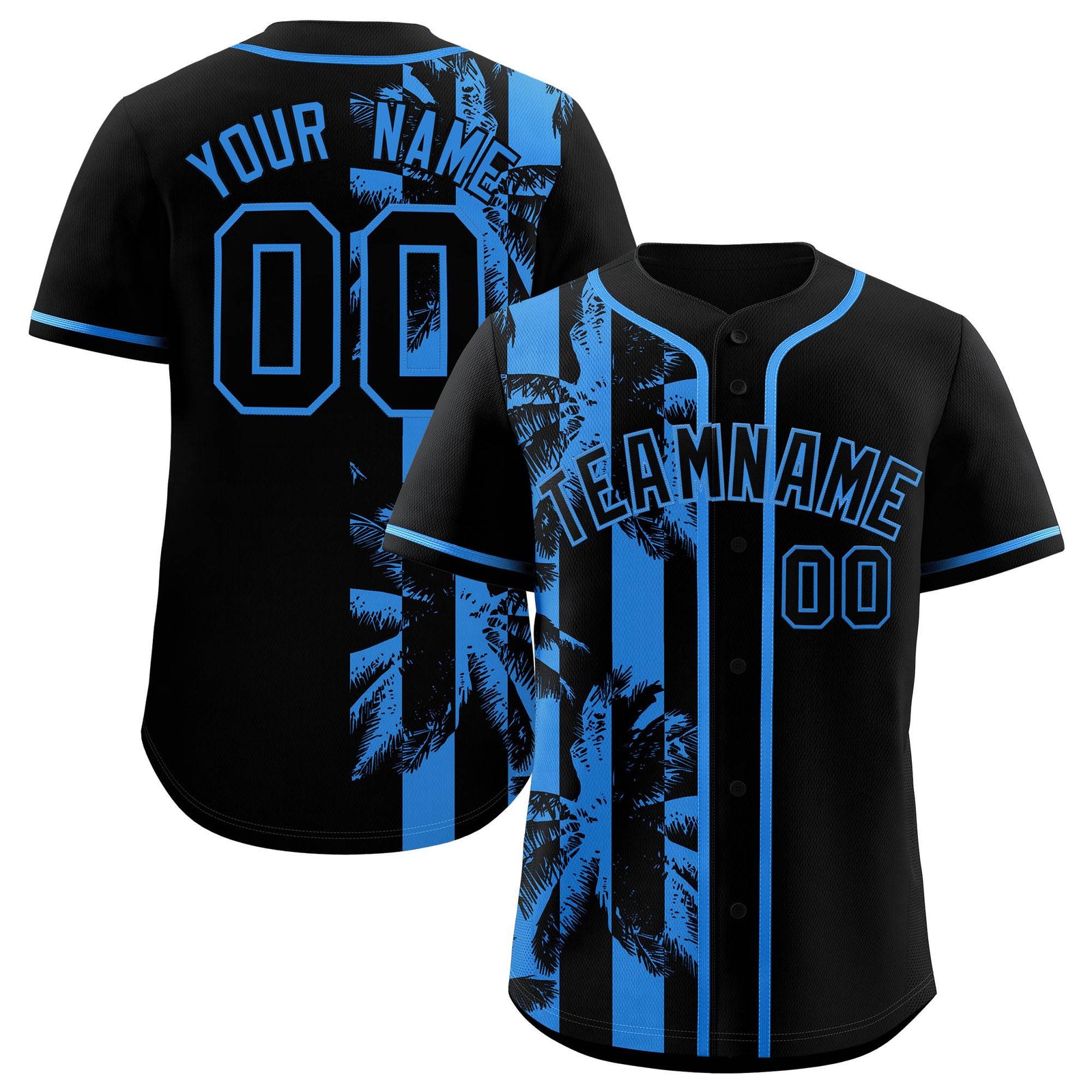 Custom Black Powder Blue Split Fashion Coconut Tree Design Authentic Baseball Jersey
