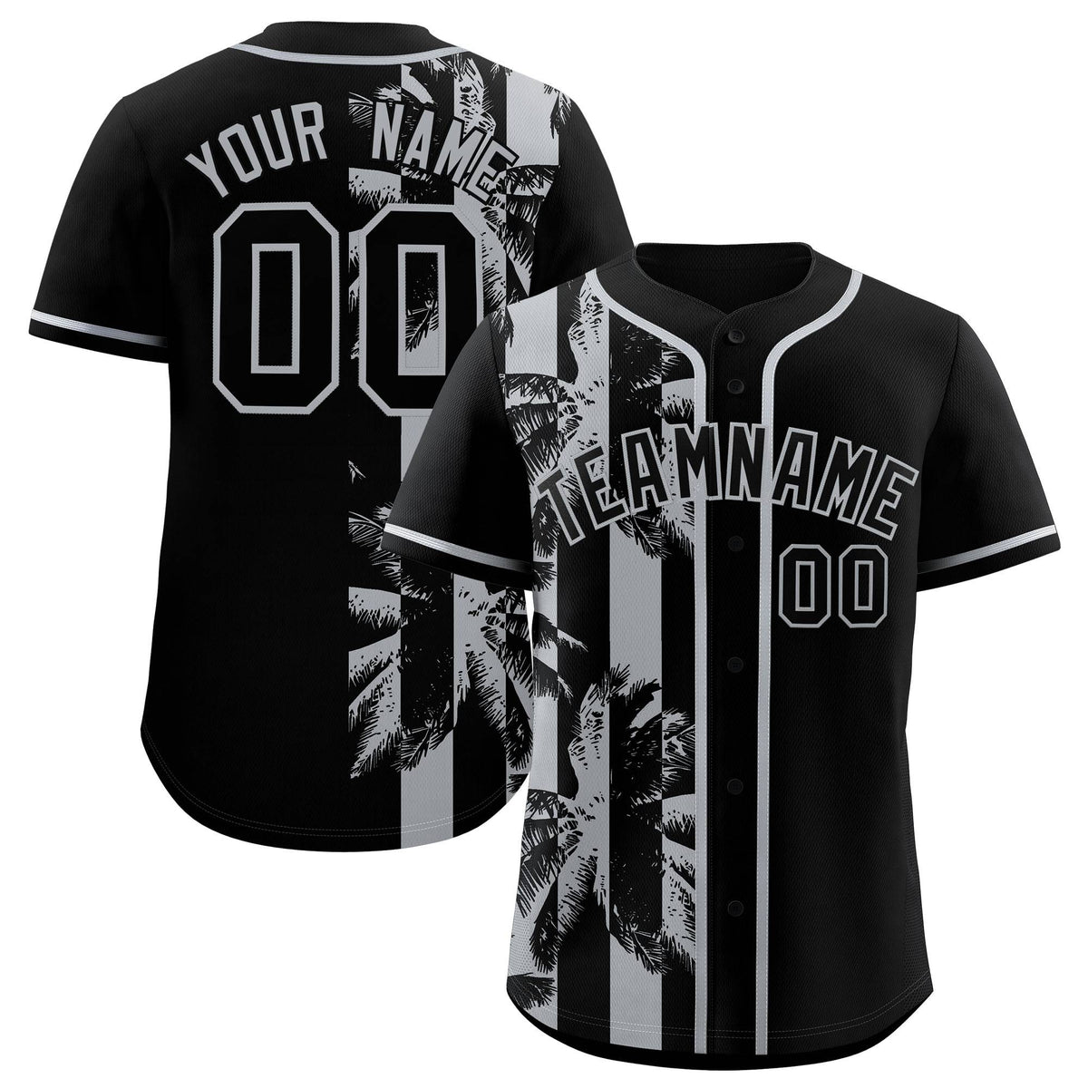 Custom Black Gray Split Fashion Coconut Tree Design Authentic Baseball Jersey