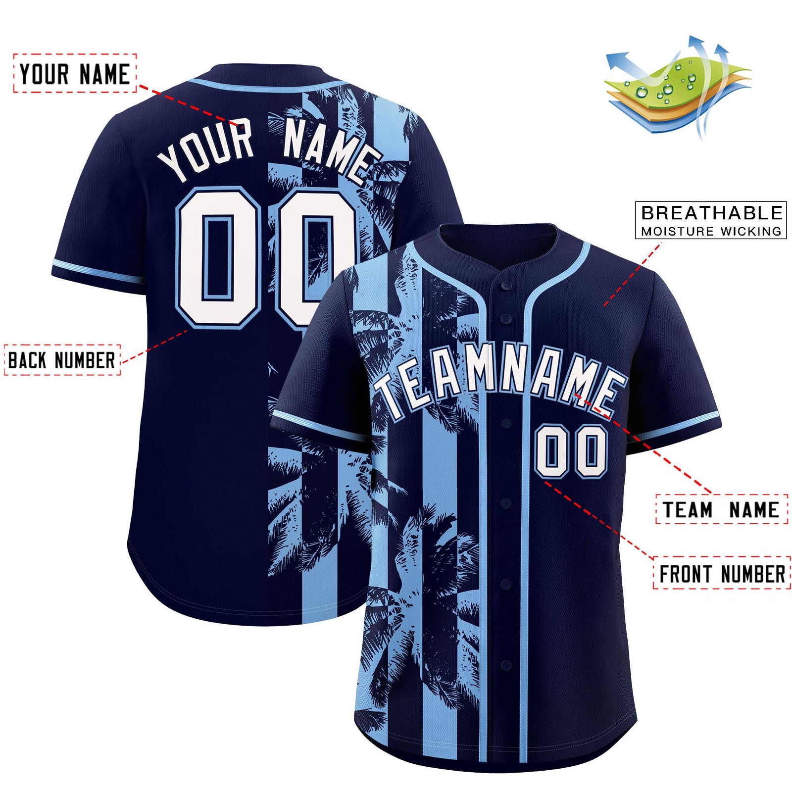 Custom Navy Powder Blue Split Fashion Coconut Tree Design Authentic Baseball Jersey