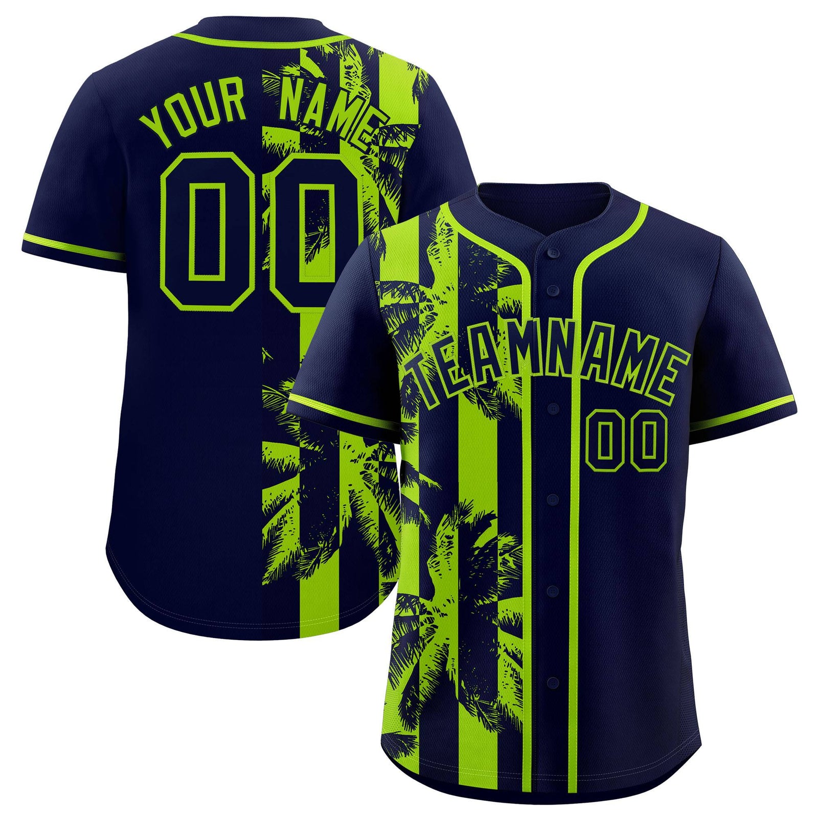Custom Navy Neon Green Split Fashion Coconut Tree Design Authentic Baseball Jersey