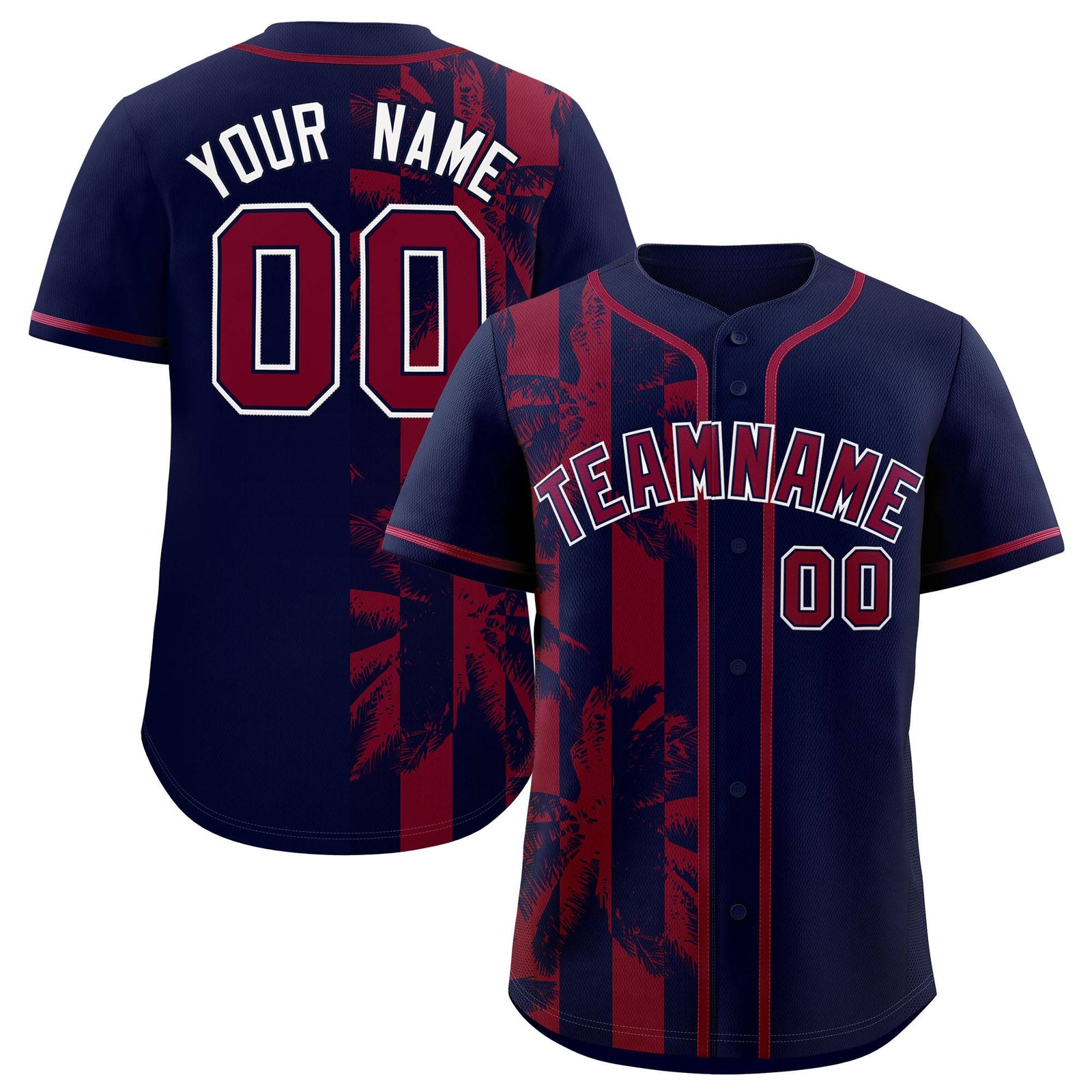 Custom Navy Crimson Split Fashion Coconut Tree Design Authentic Baseball Jersey
