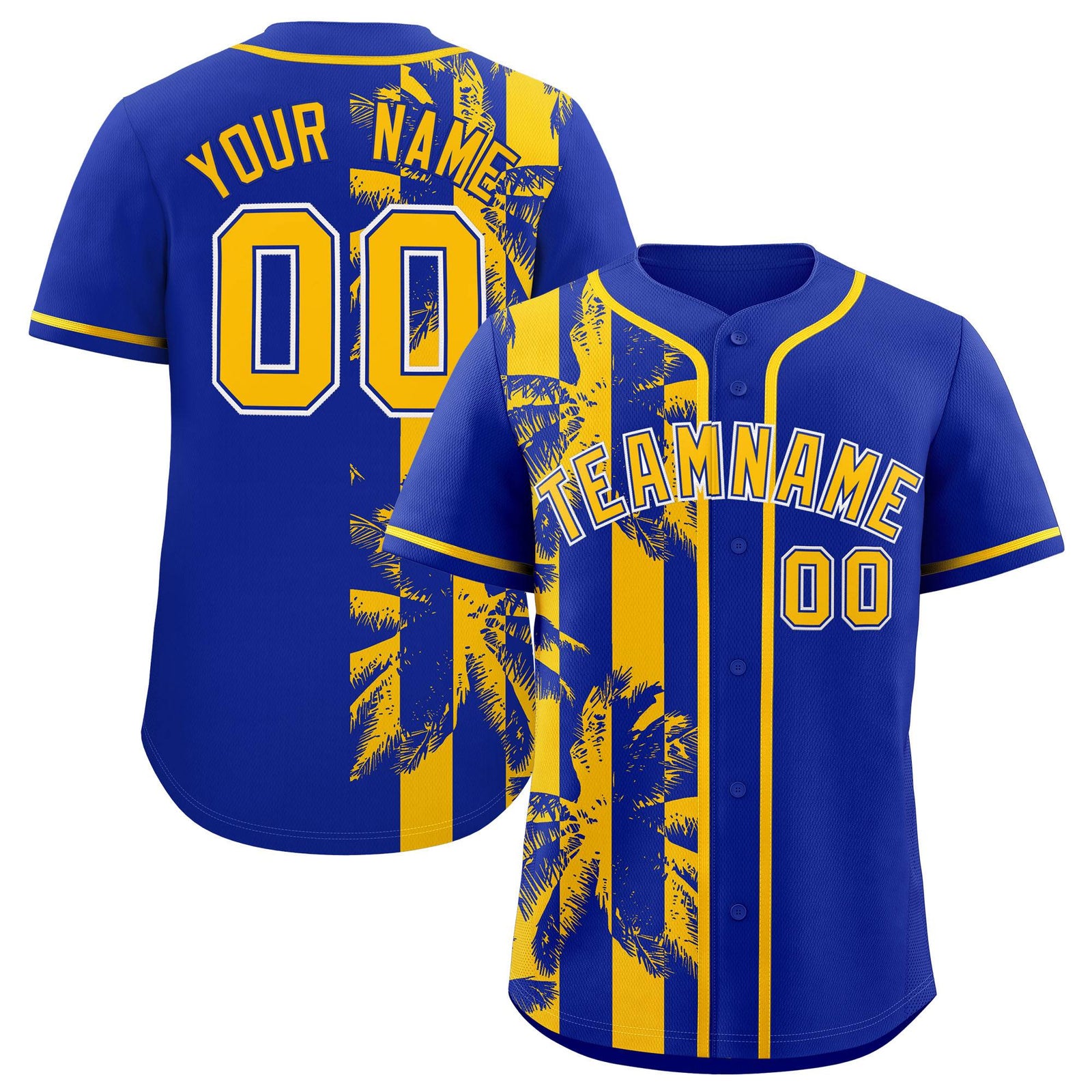 Custom Royal Yellow Split Fashion Coconut Tree Design Authentic Baseball Jersey