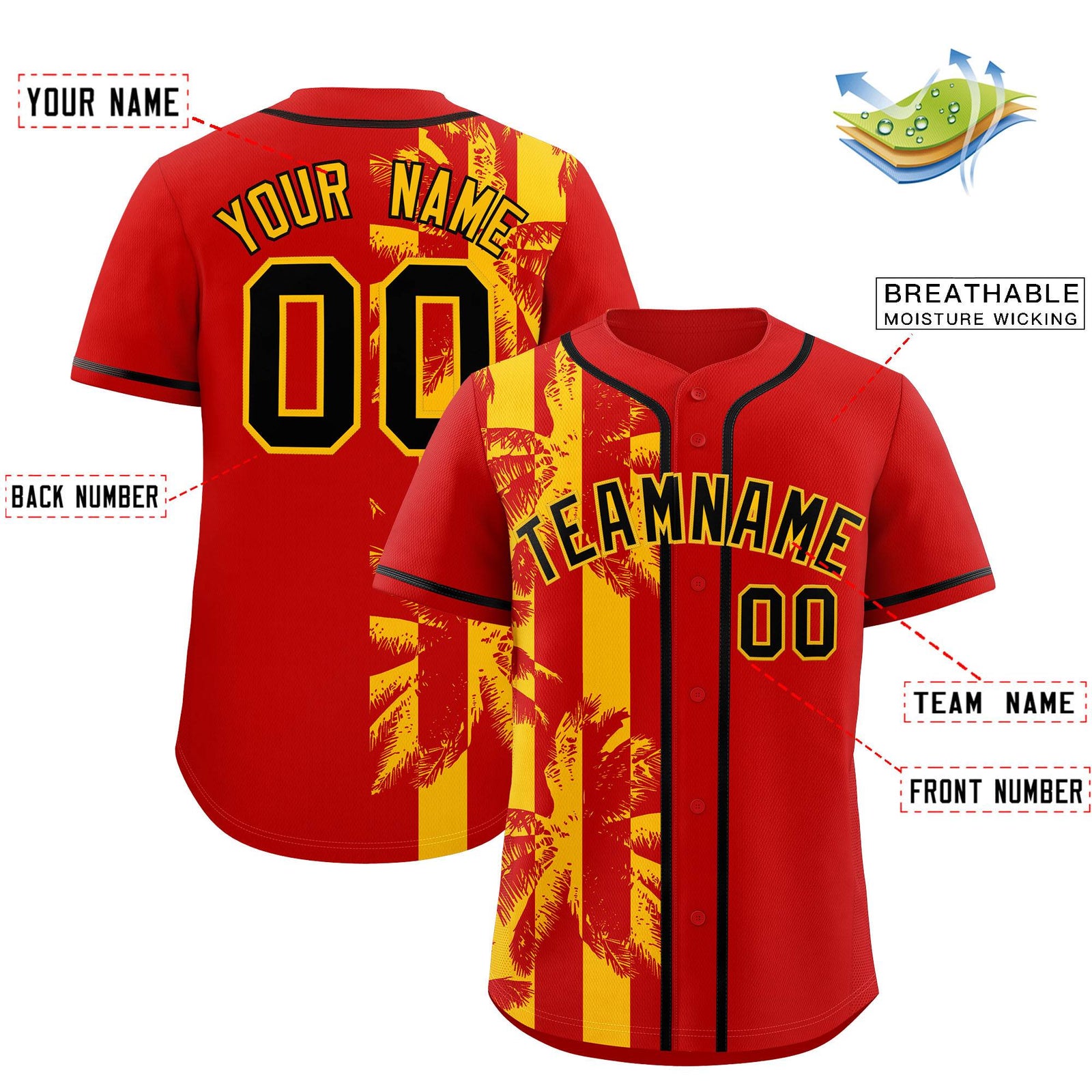Custom Red Yellow Split Fashion Coconut Tree Design Authentic Baseball Jersey