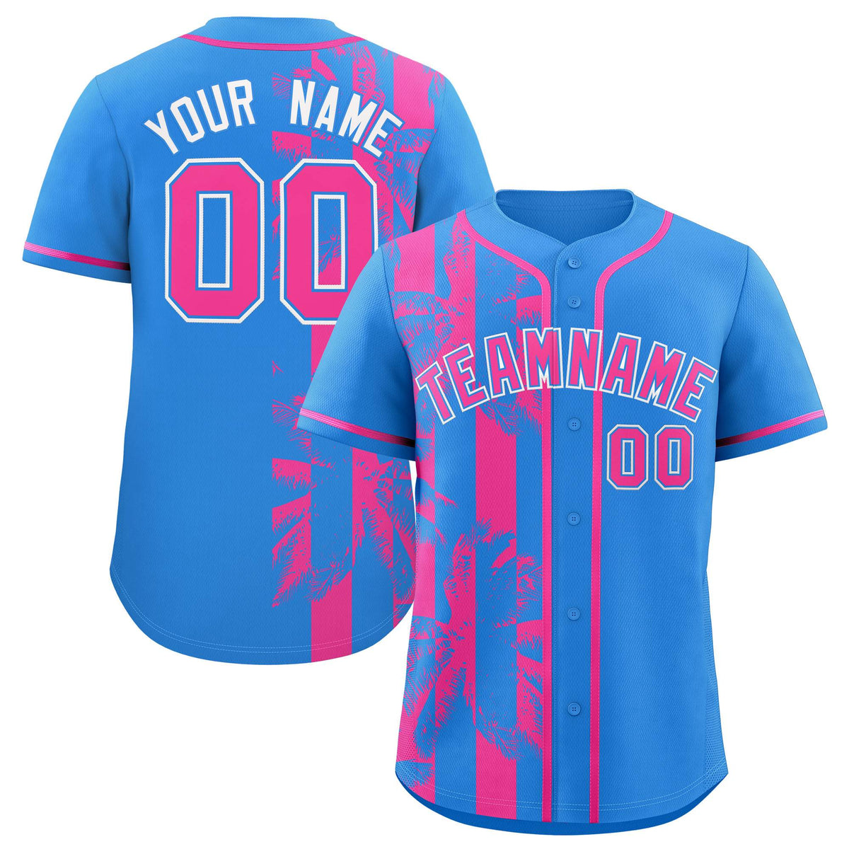 Custom Powder Blue Pink Split Fashion Coconut Tree Design Authentic Baseball Jersey