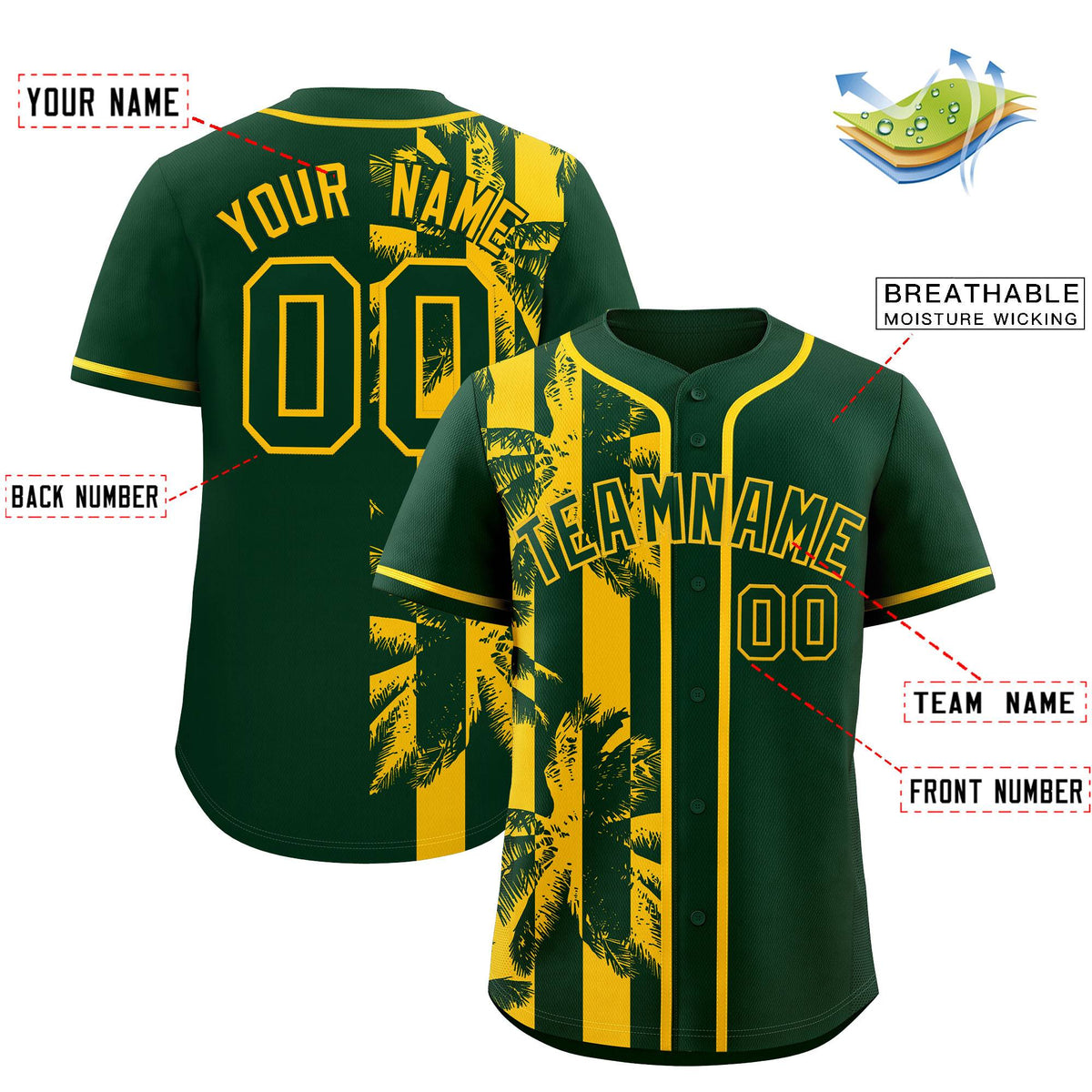 Custom Green Yellow Split Fashion Coconut Tree Design Authentic Baseball Jersey