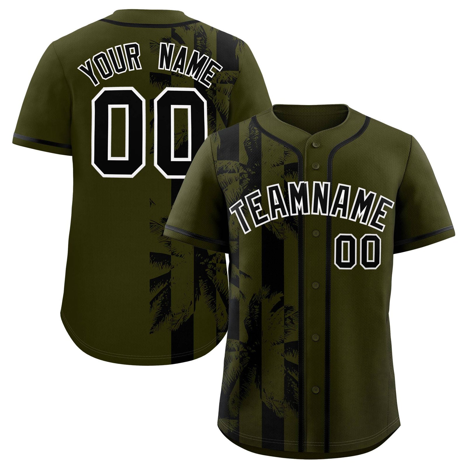 Custom Olive Black Split Fashion Coconut Tree Design Authentic Baseball Jersey